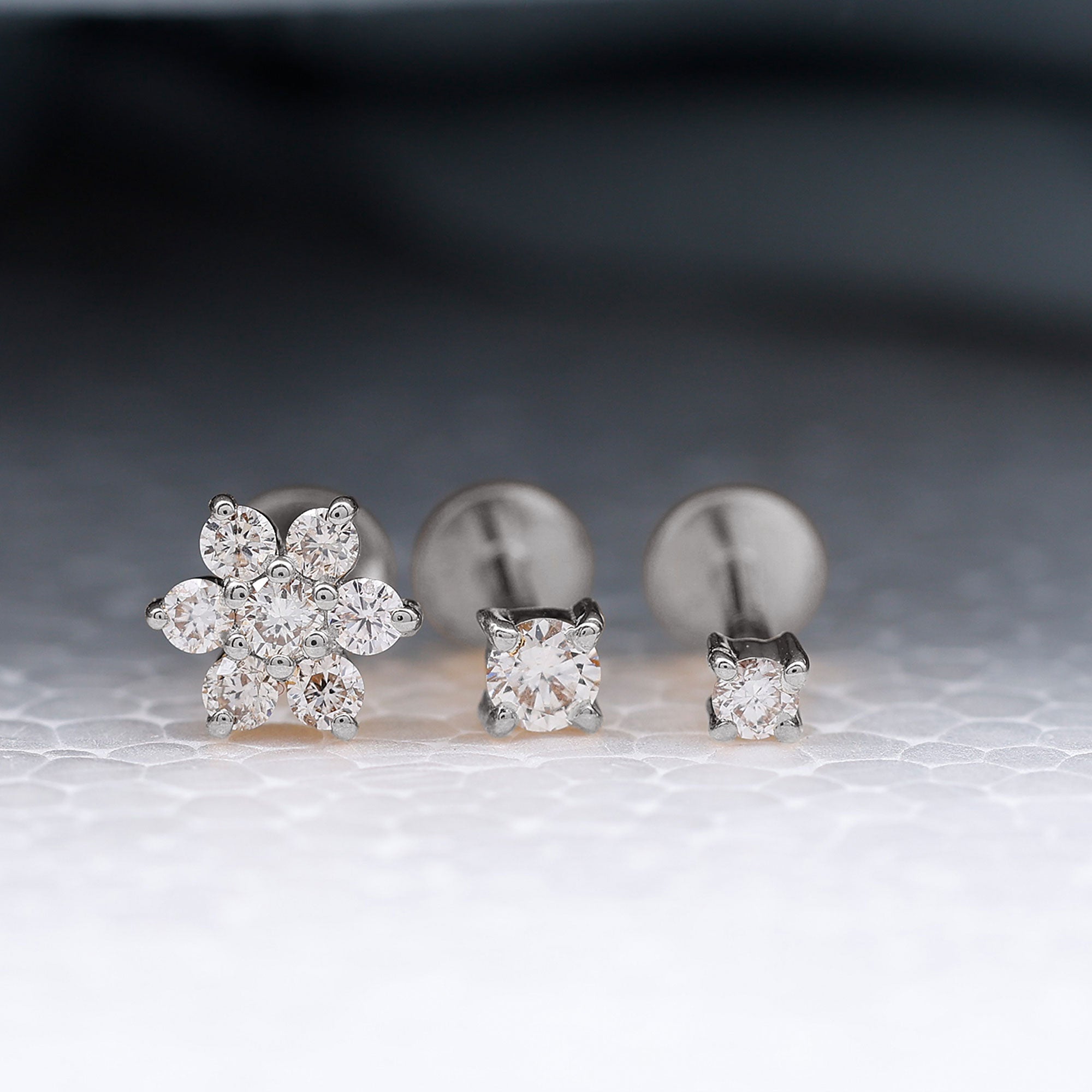 Rosec Jewels-Moissanite Flower Triple Earrings Set for Cartilage Piercing