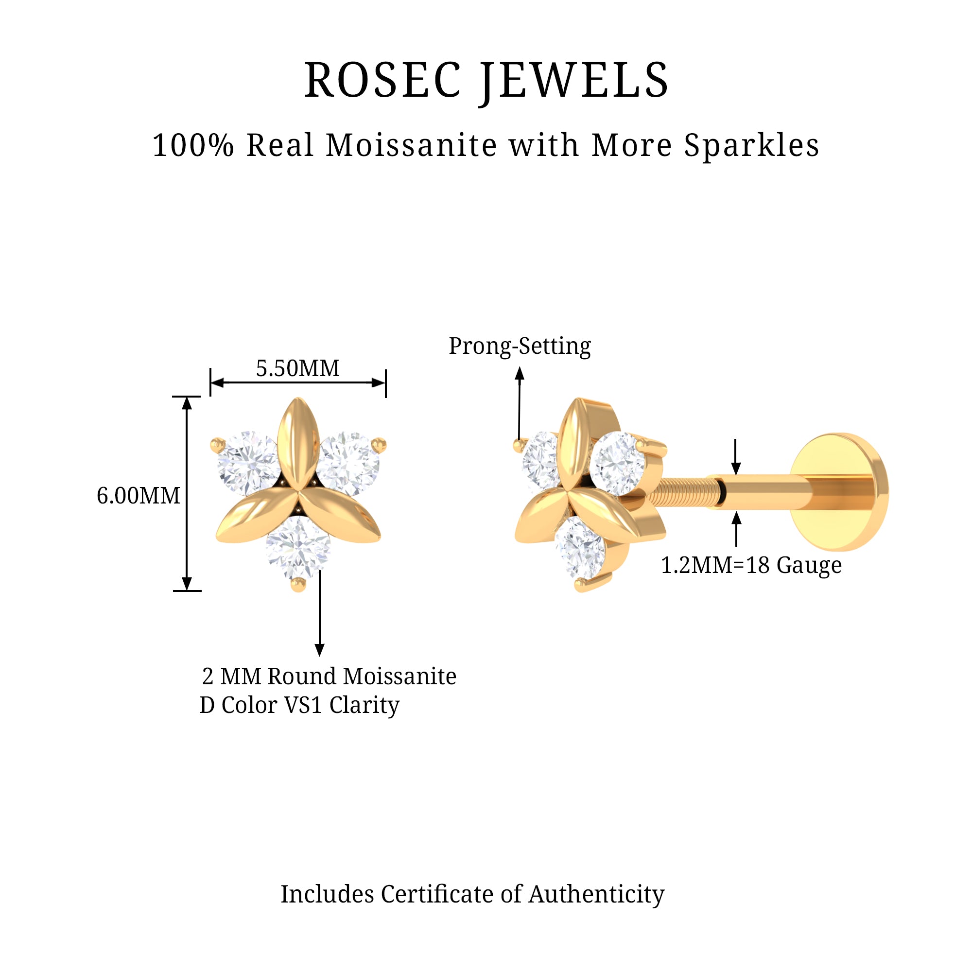 Rosec Jewels-Round Moissanite Flower Cartilage Earring in Gold