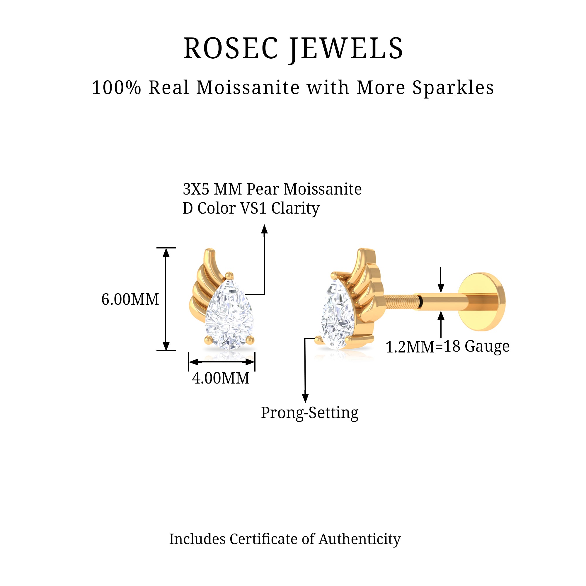 Rosec Jewels-Pear Shape Moissanite Wing Cartilage Earring