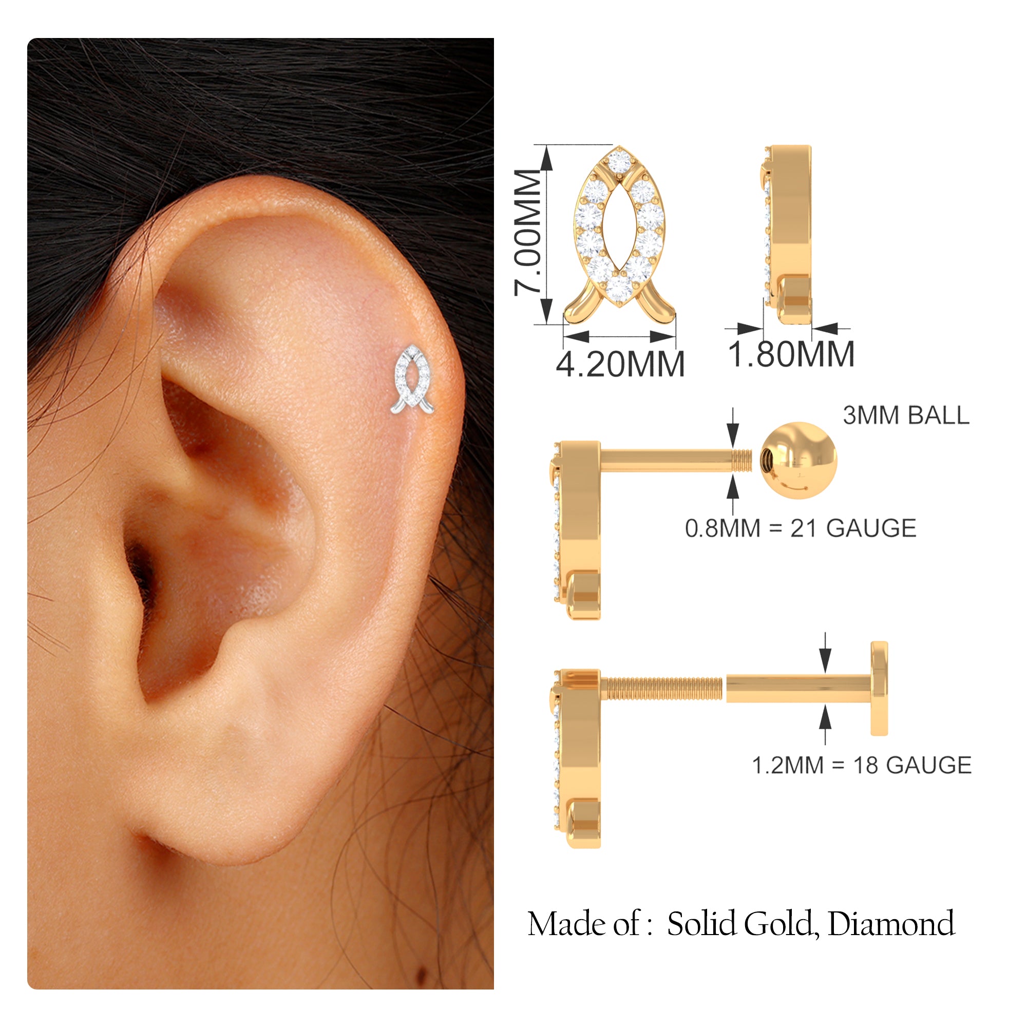 Rosec Jewels-Unique Diamond Gold Fish Earring for Tragus Piercing