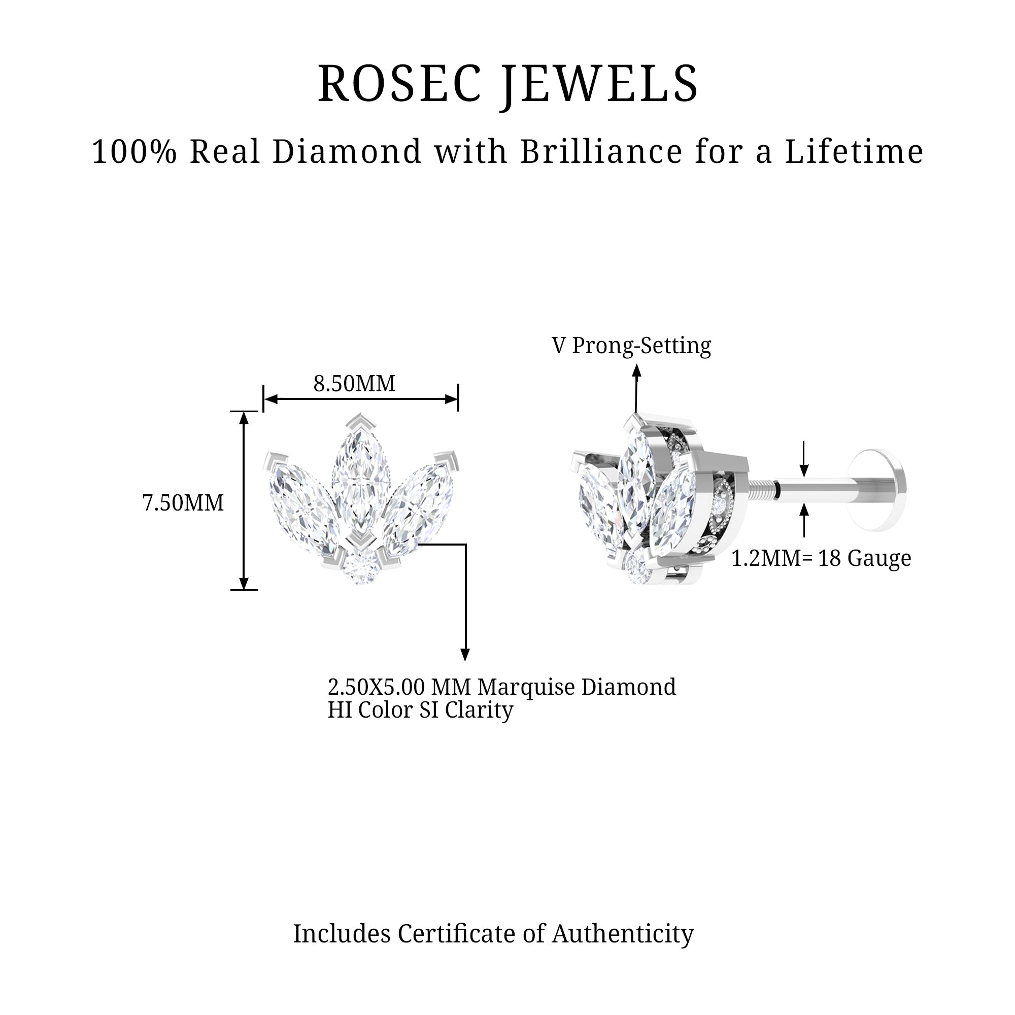 Rosec Jewels-Marquise Diamond Lotus Flower Earring for Cartilage Piercing