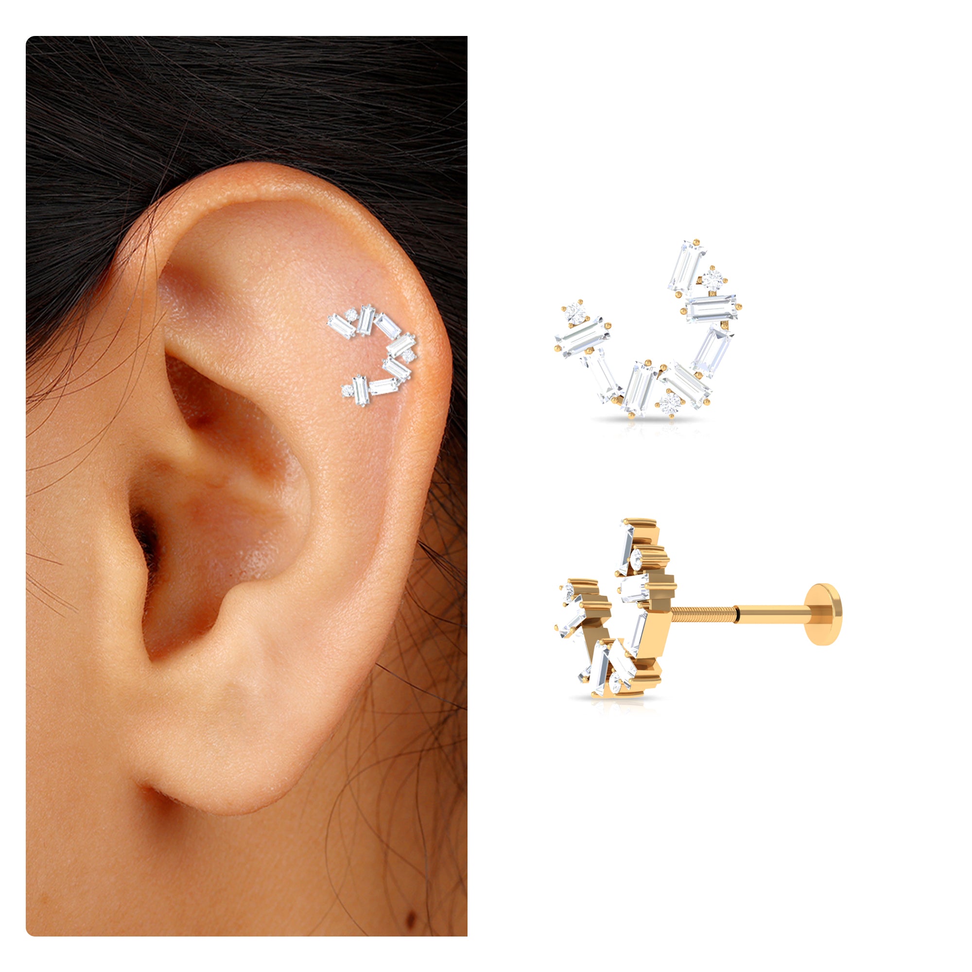 Rosec Jewels-Baguette and Round Moissanite Unique Helix Earring