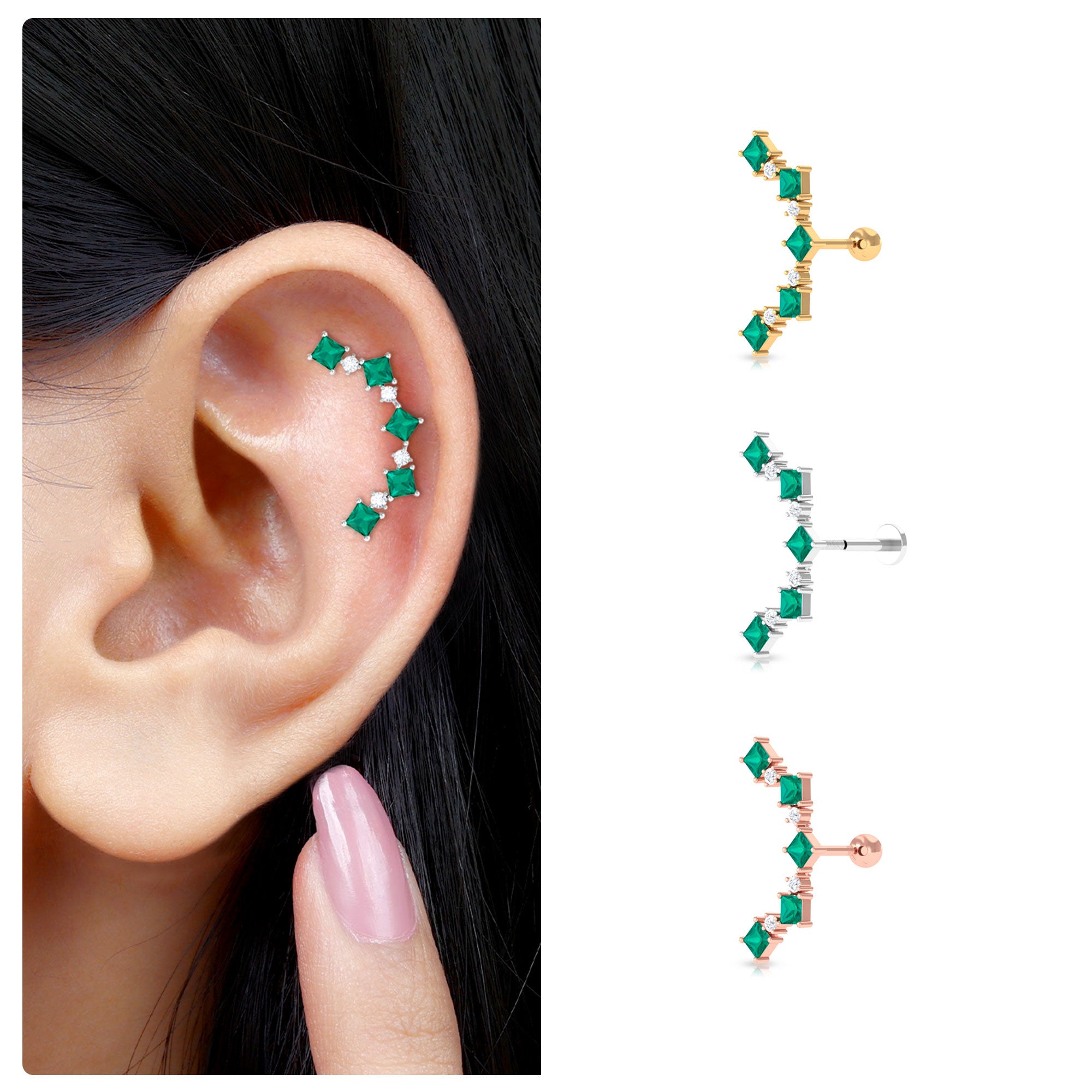 Rosec Jewels-Created Emerald and Moissanite Curved Crawler Earring