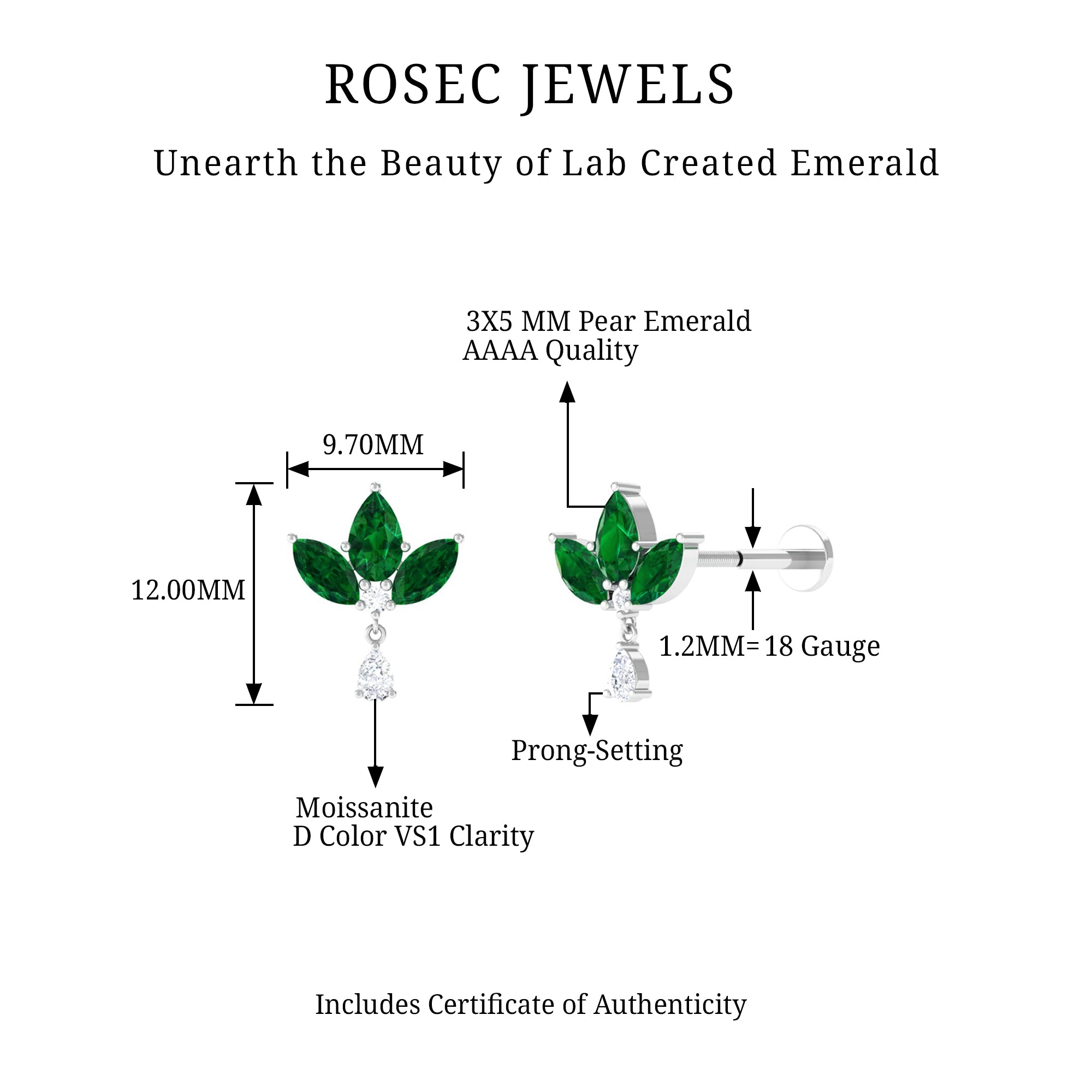 Rosec Jewels-Created Emerald Flower Earring with Teardrop Moissanite