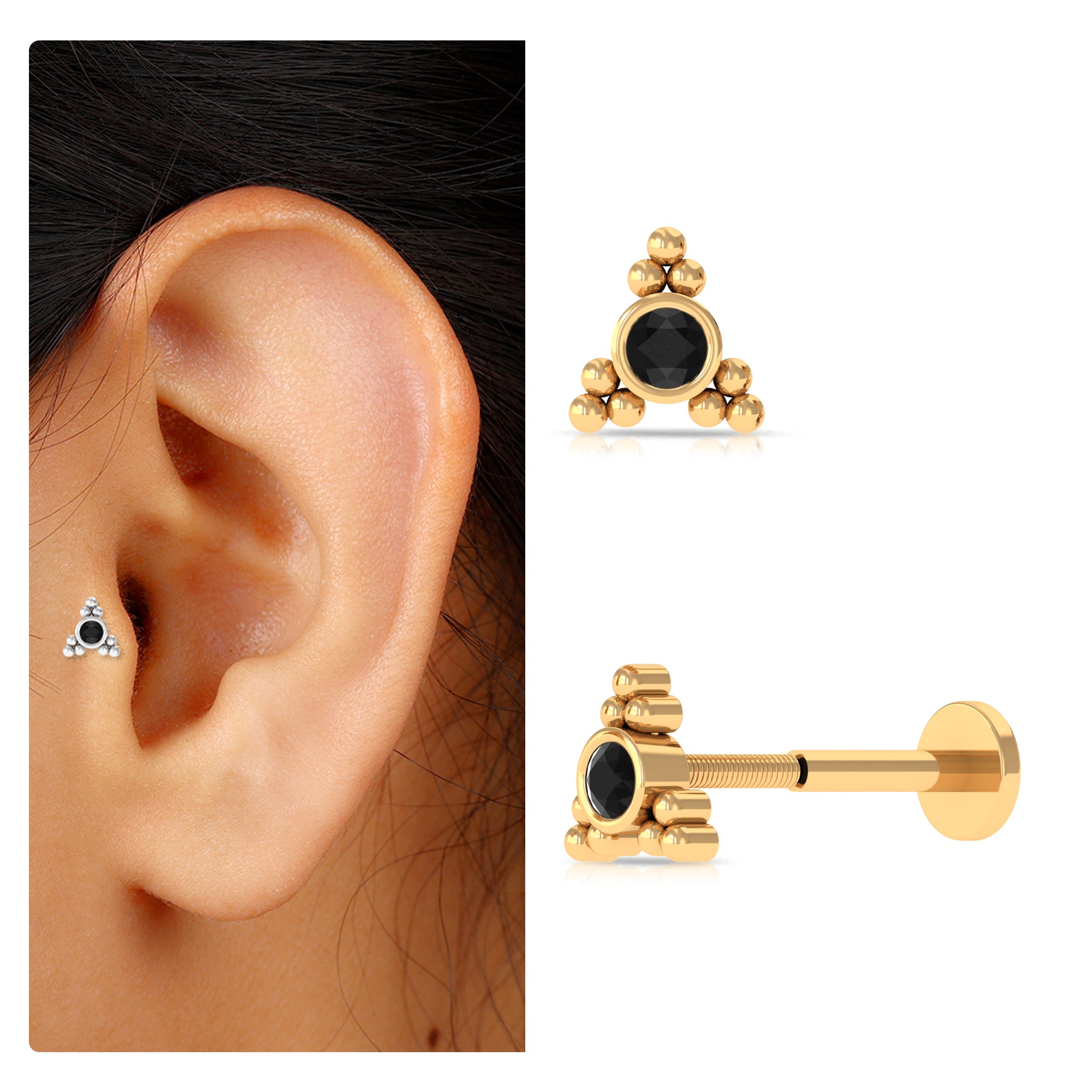 Rosec Jewels-Bezel Set Black Onyx Antique Helix Earring with Gold Beaded