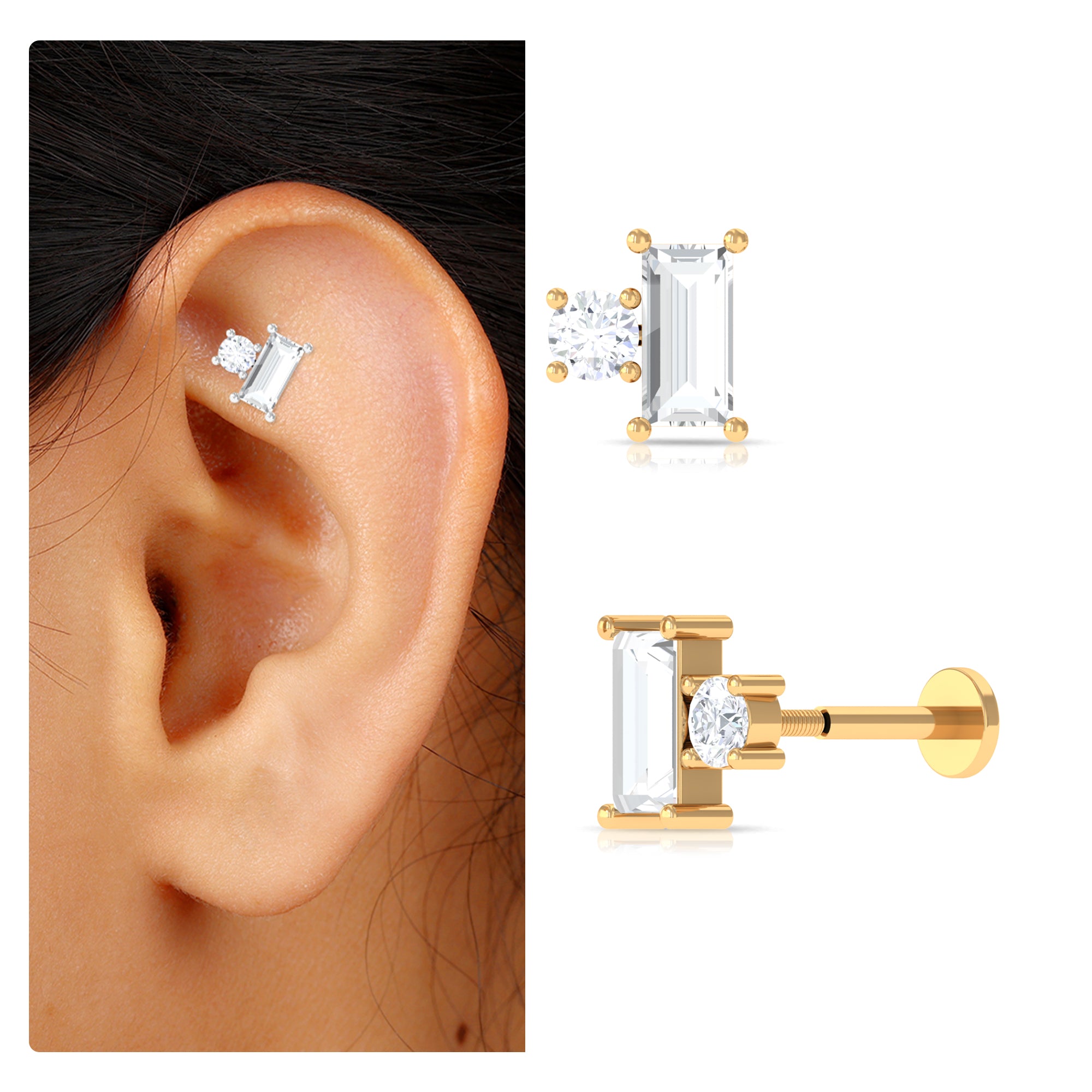 Rosec Jewels-Baguette and Round Moissanite Two Stone Helix Earring