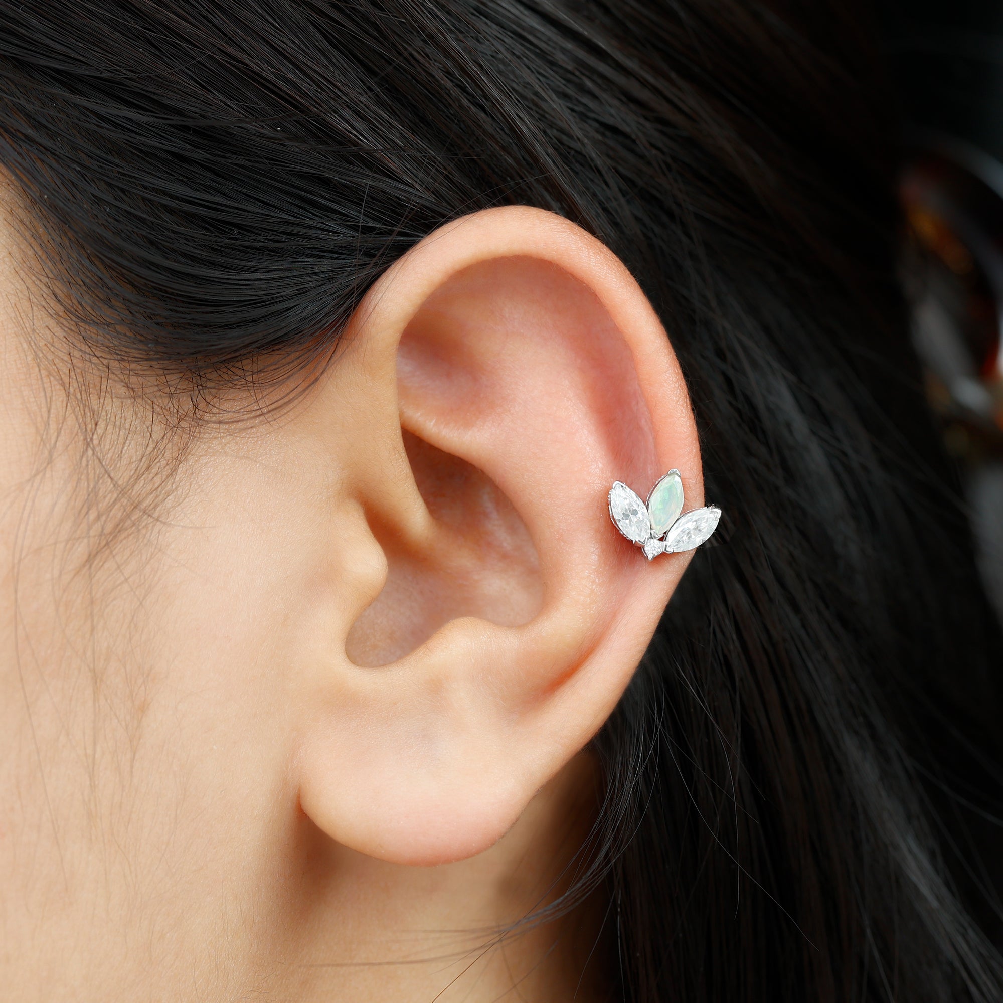 Rosec Jewels-Ethiopian Opal and Moissanite Lotus Flower Earring for Helix Piercing