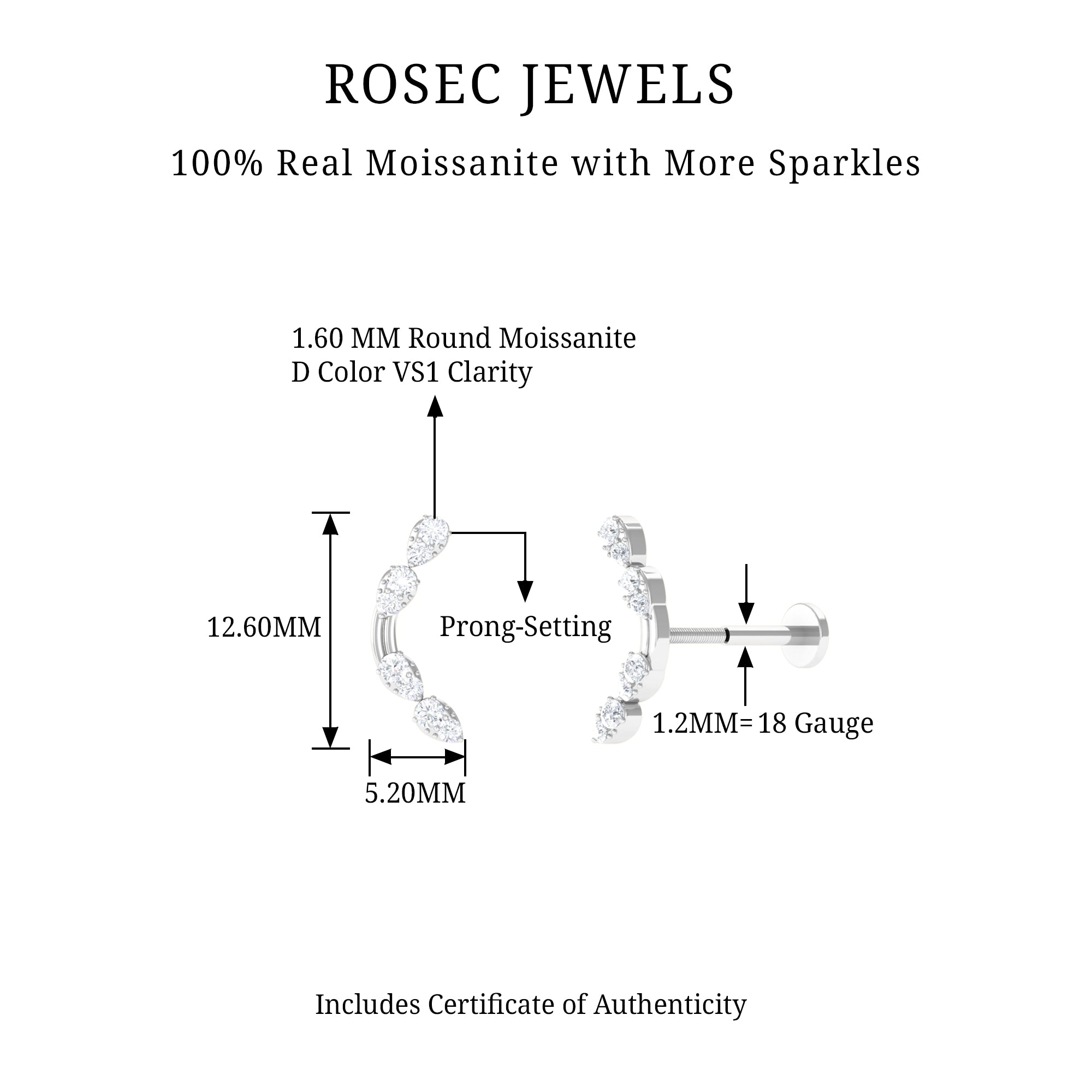 Rosec Jewels-Certified Moissanite Curved Helix Earring in Gold