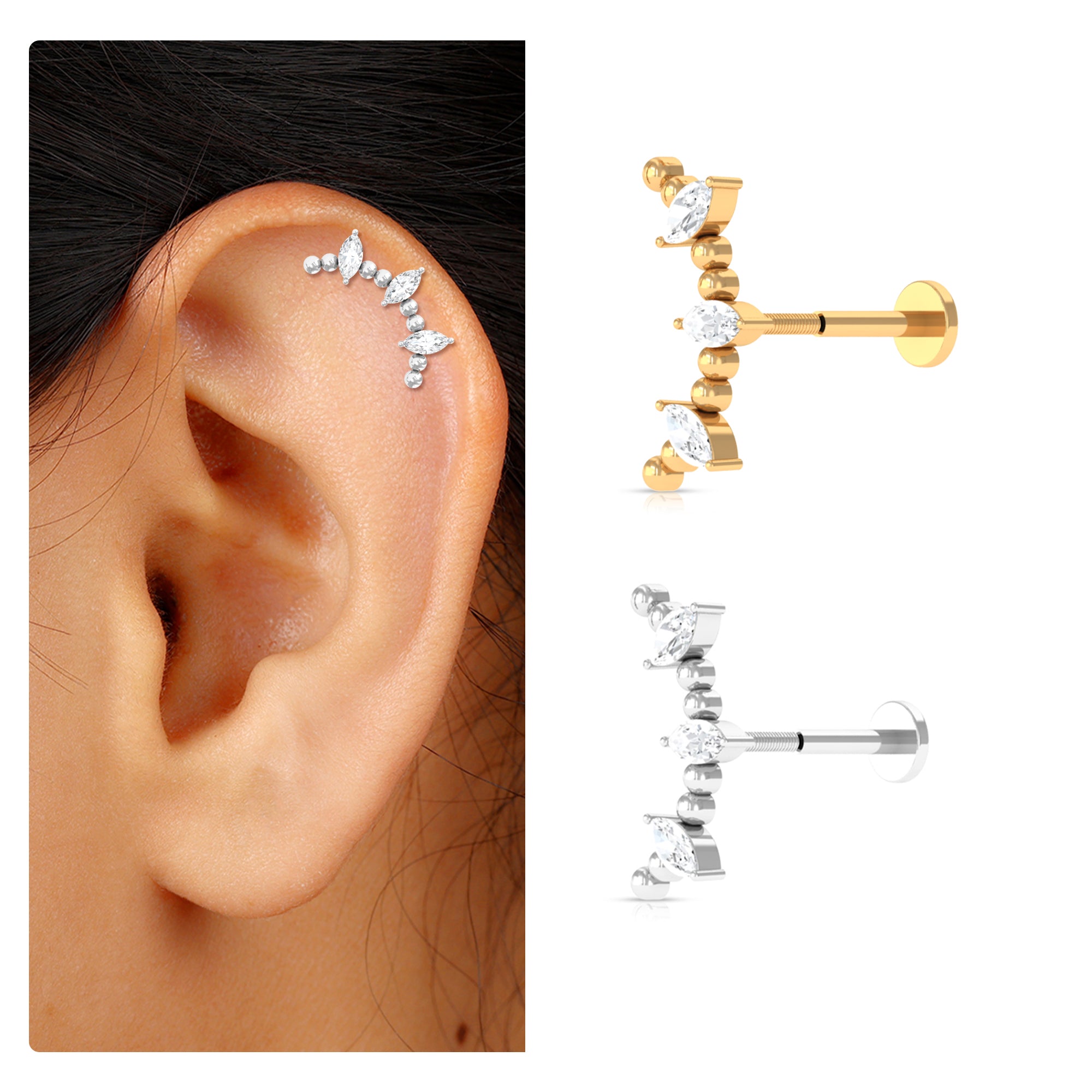 Rosec Jewels-Marquise Moissanite Gold Beaded Crawler Earring