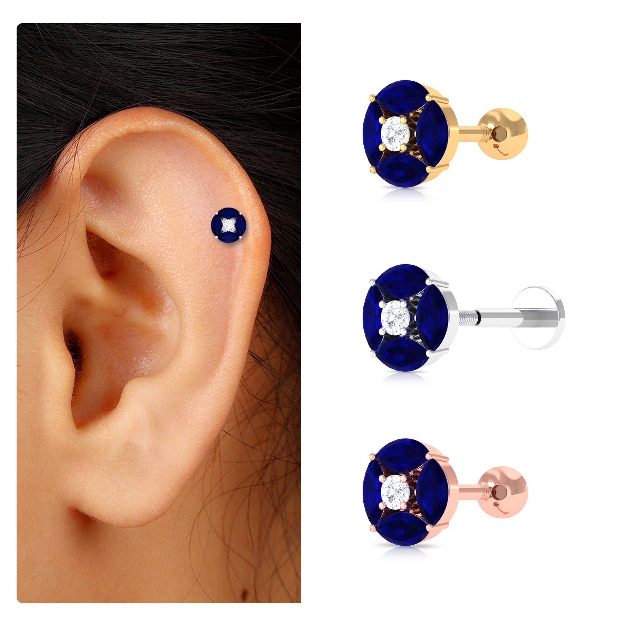 Rosec Jewels-Marquise Blue Sapphire Cartilage Earring with Moissanite