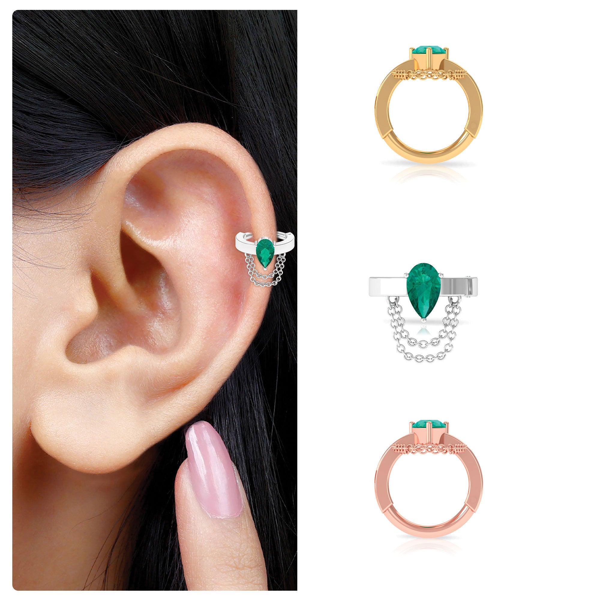 Rosec Jewels-Pear Emerald Conch Hoop Earring with Dangling Chain