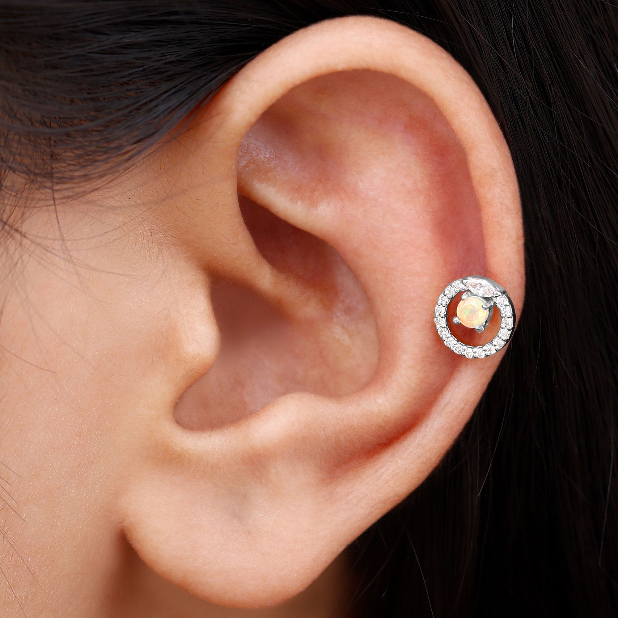 Rosec Jewels-Ethiopian Opal and Moissanite Circle Cartilage Earring in Gold