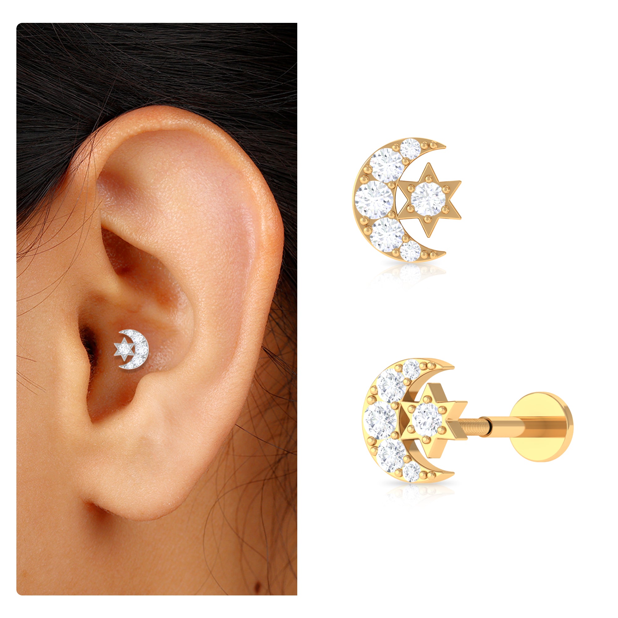 Rosec Jewels-Moissanite Moon and Star Earring for Conch Piercing