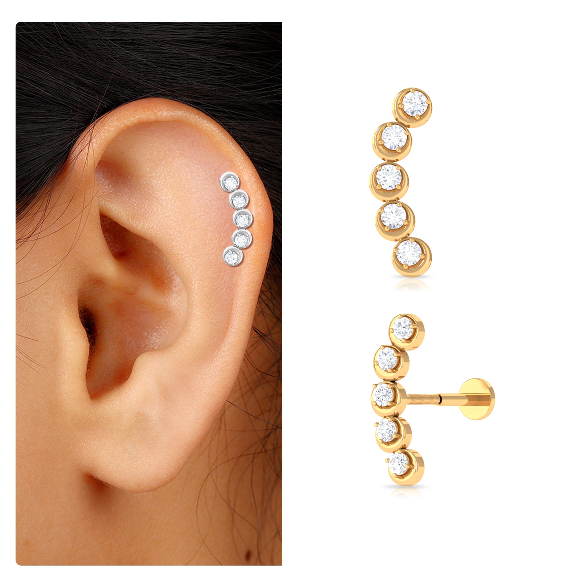 Rosec Jewels-Round Moissanite Gold Crawler Earring for Helix Piercing