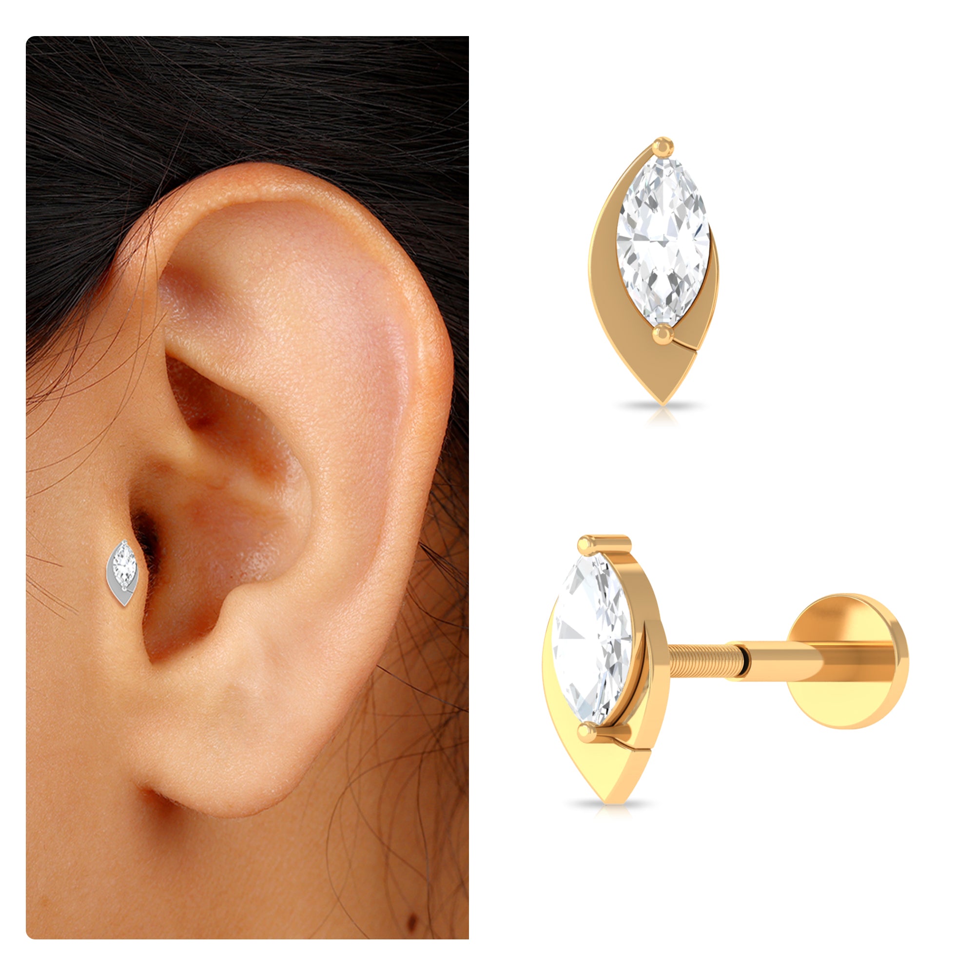 Rosec Jewels-Marquise Moissanite Simple Gold Tragus Earring