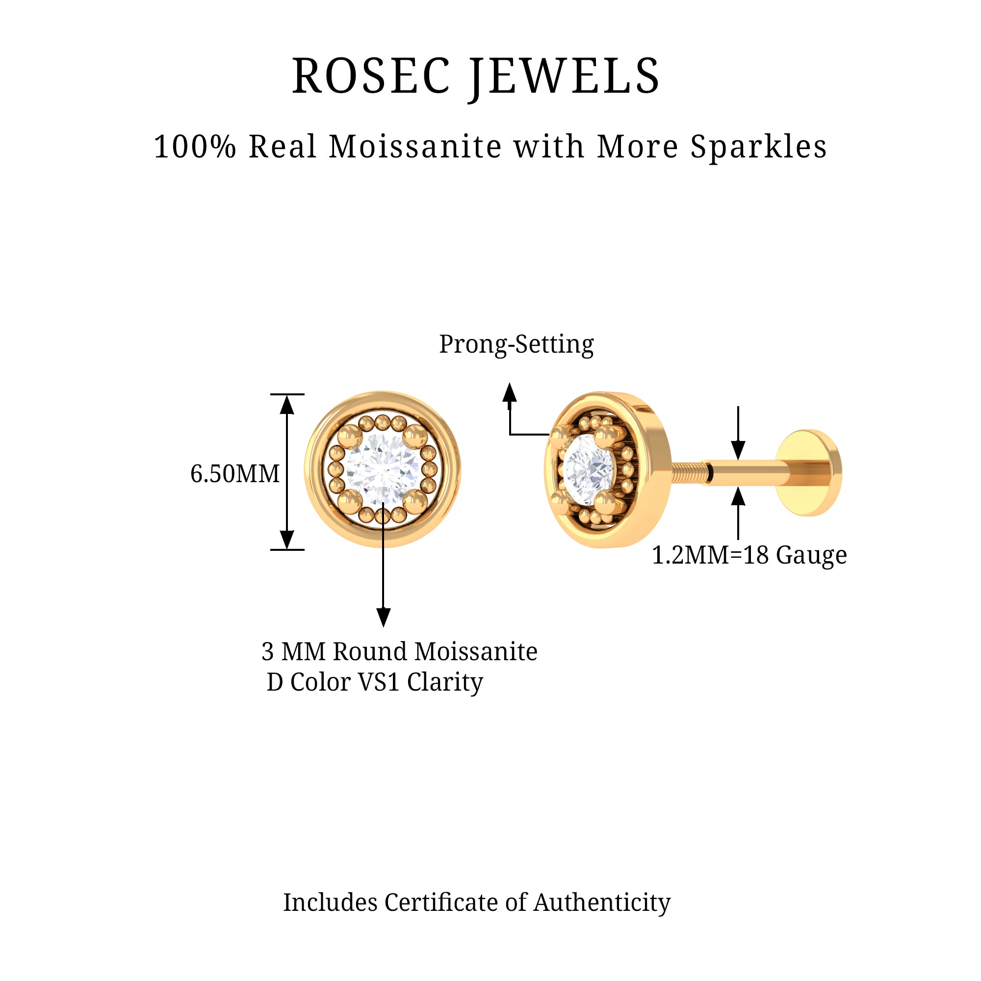 Rosec Jewels-Elegant Moissanite Gold Circle Earring for Helix Piercing