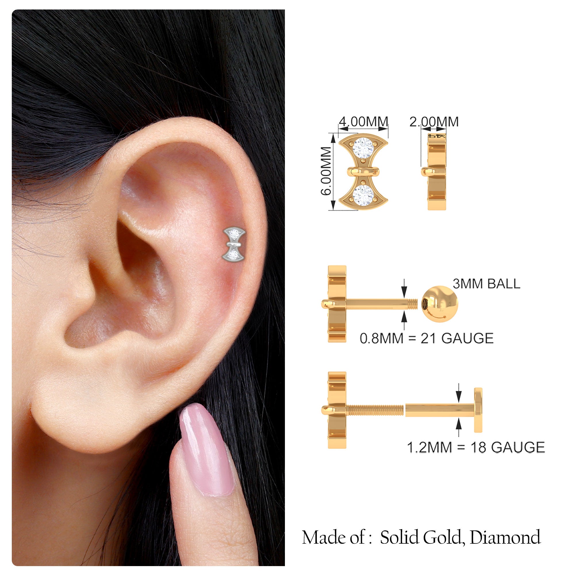 Rosec Jewels-Natural Diamond Gold Axe Earring for Tragus Piercing