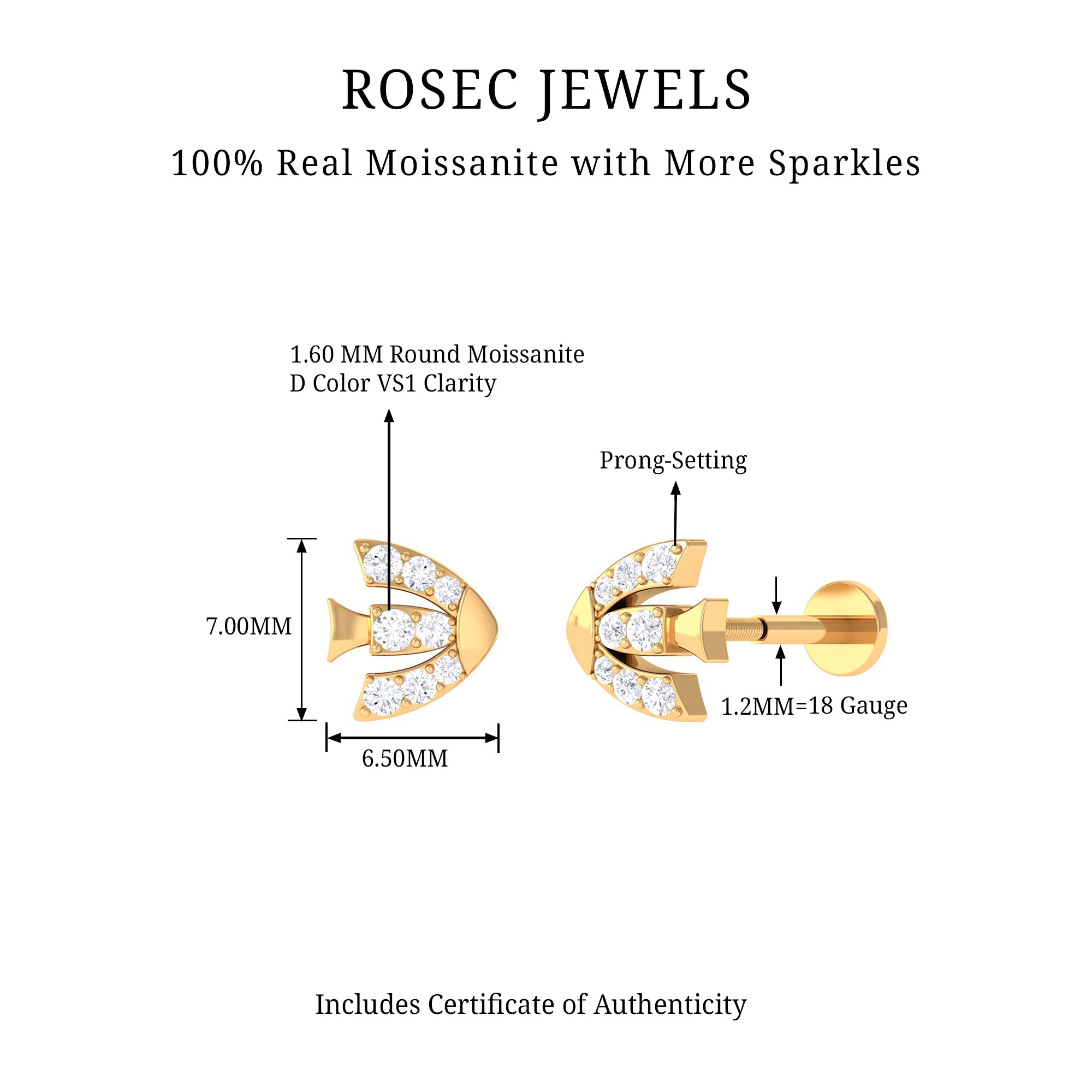 Rosec Jewels-Moissanite Fish Cartilage Earring in Gold