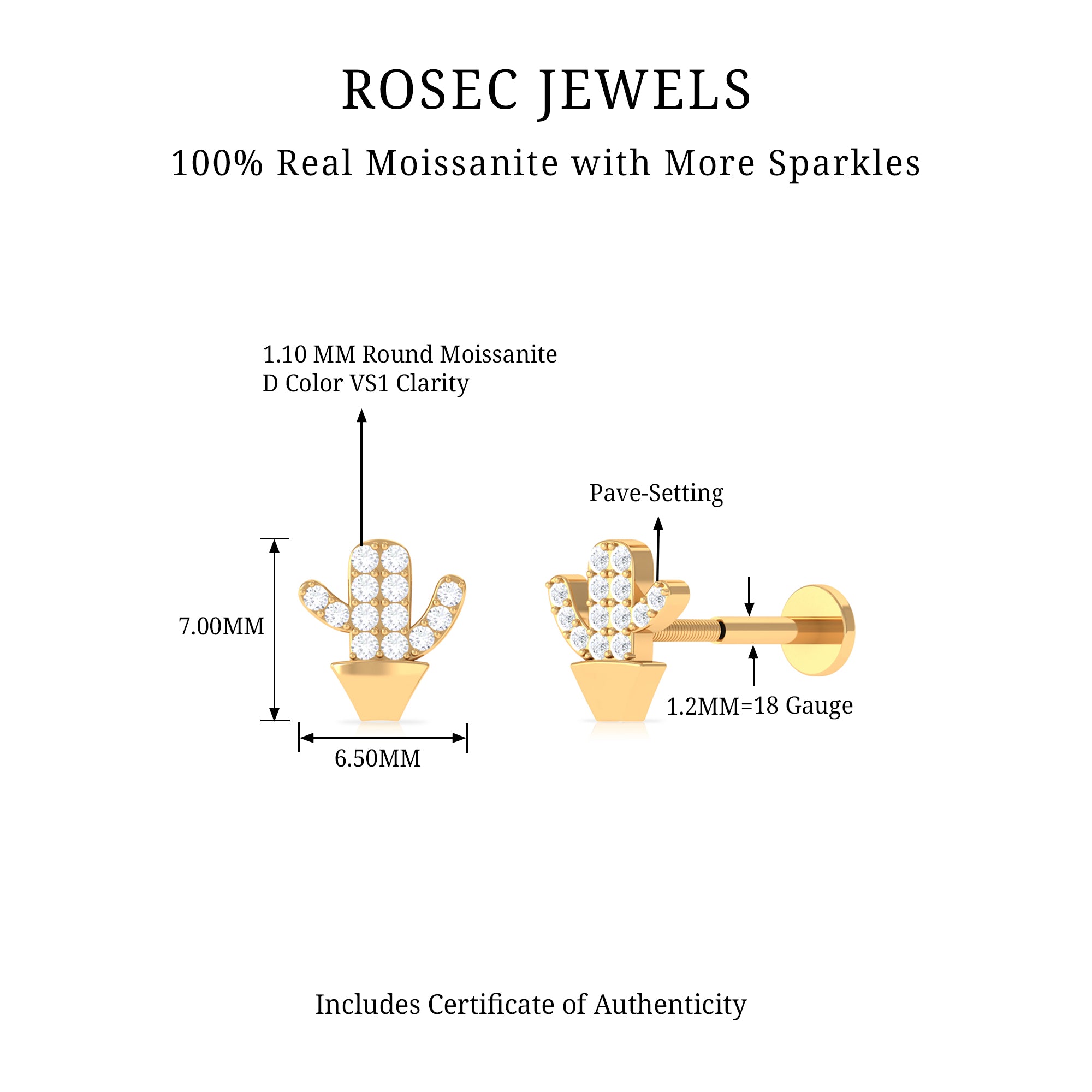 Rosec Jewels-Moissanite Gold Cactus Earring for Cartilage Piercing