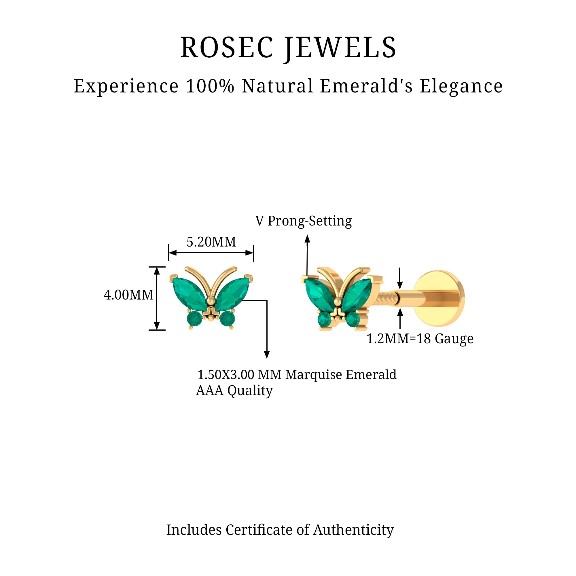 Rosec Jewels-Natural Emerald Gold Butterfly Earring for Cartilage Piercing