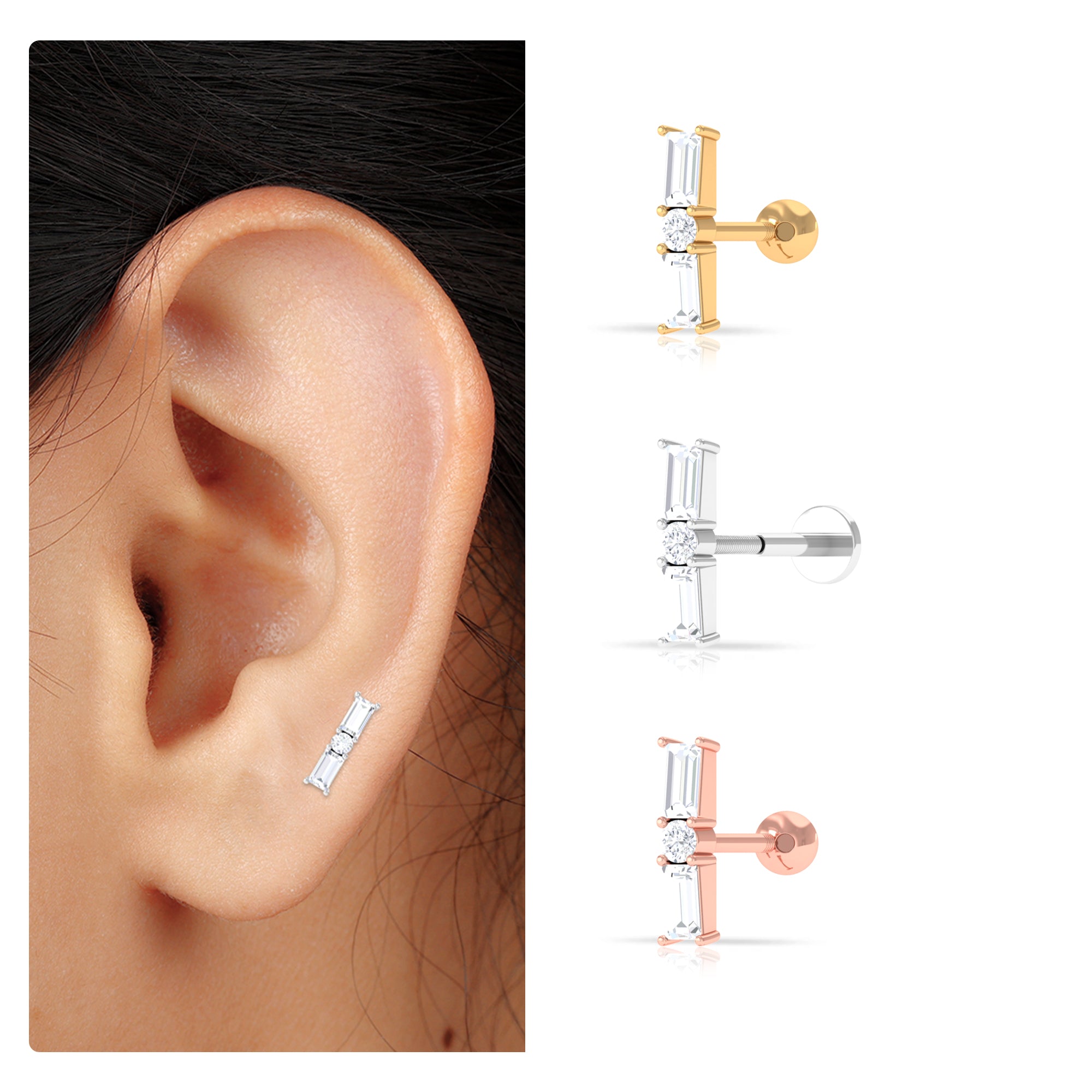 Rosec Jewels-Elegant Baguette and Round Moissanite Bar Helix Earring