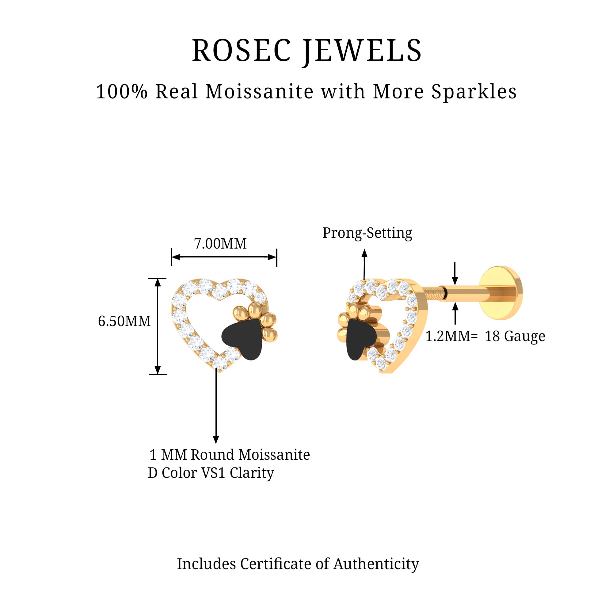 Rosec Jewels-Cute Moissanite Heart and Paw Cartilage Earring with Enamel