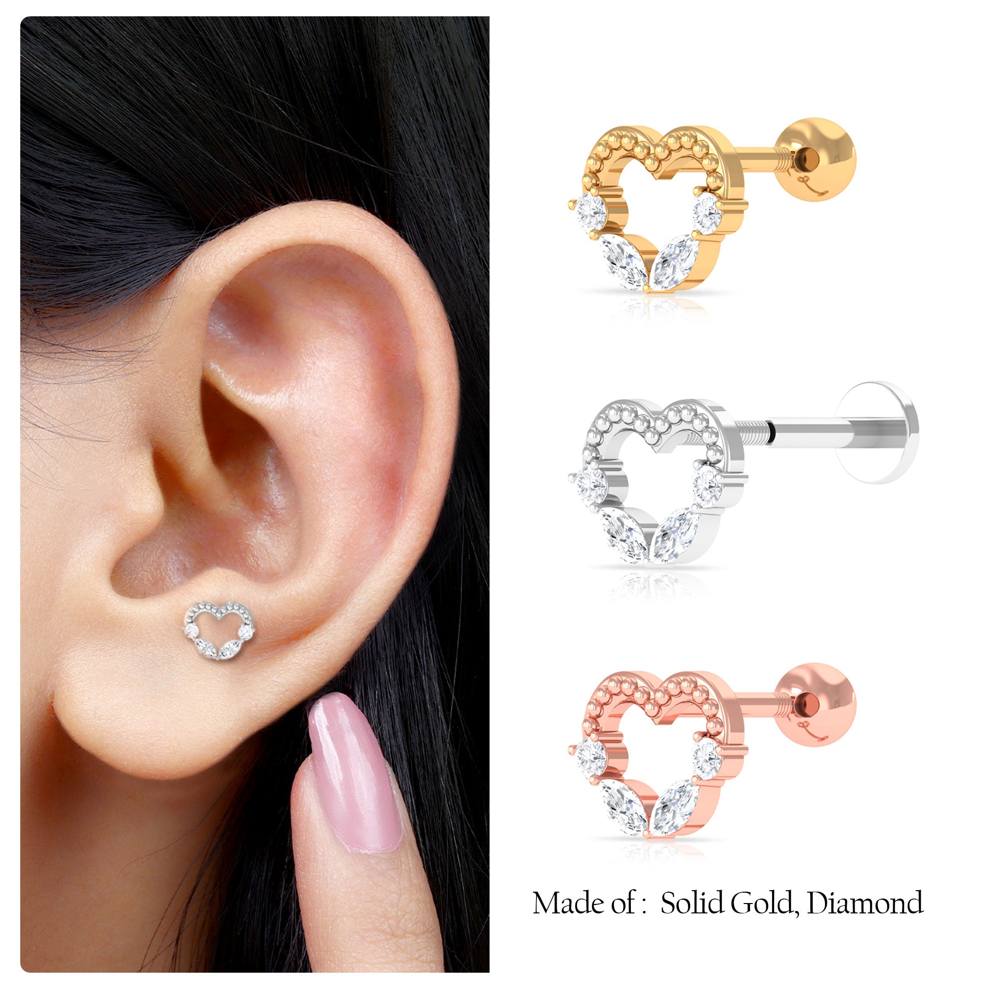 Rosec Jewels-Marquise Moissanite Heart Cartilage Earring with Gold Beads