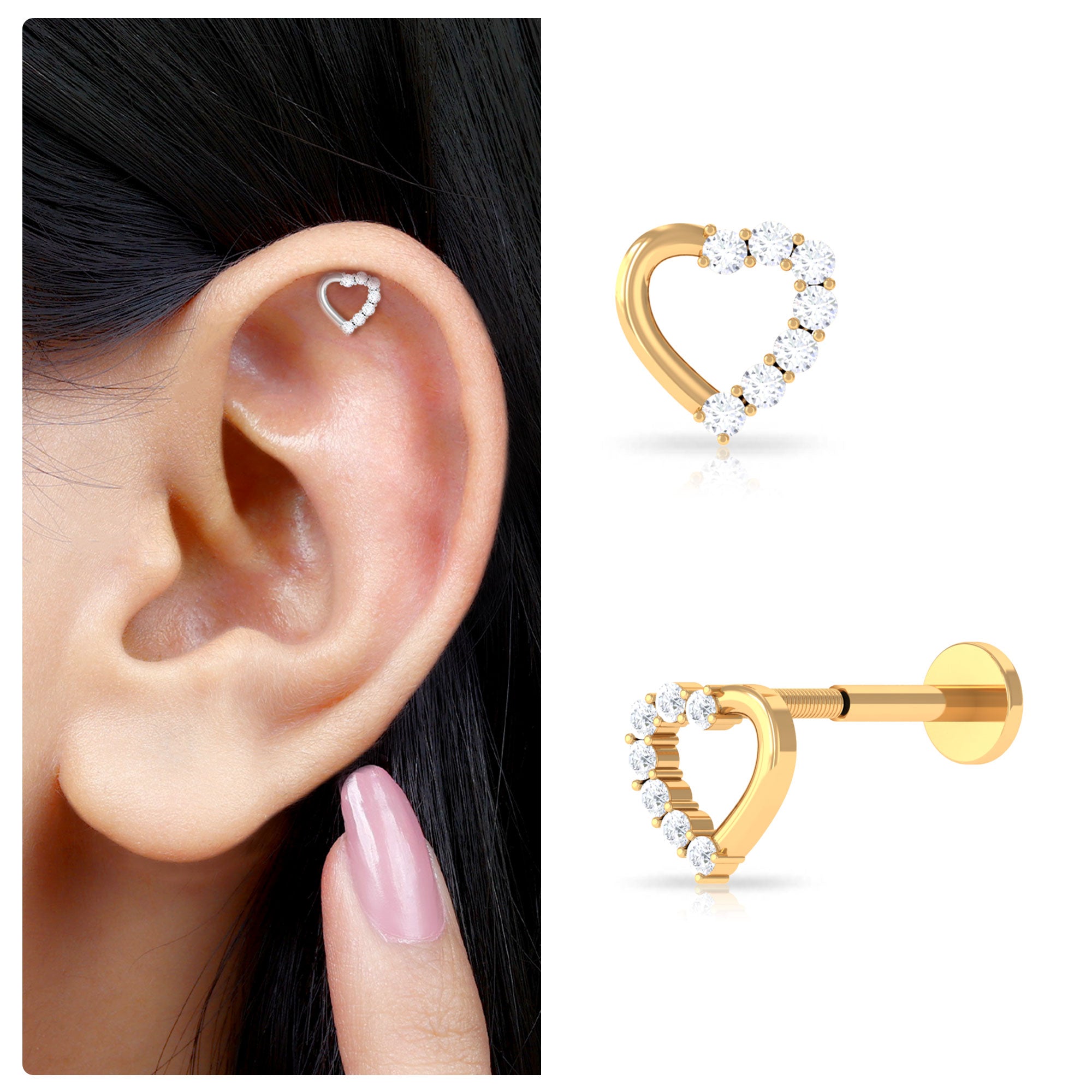 Rosec Jewels-Cute Diamond Gold Heart Earring for Helix Piercing