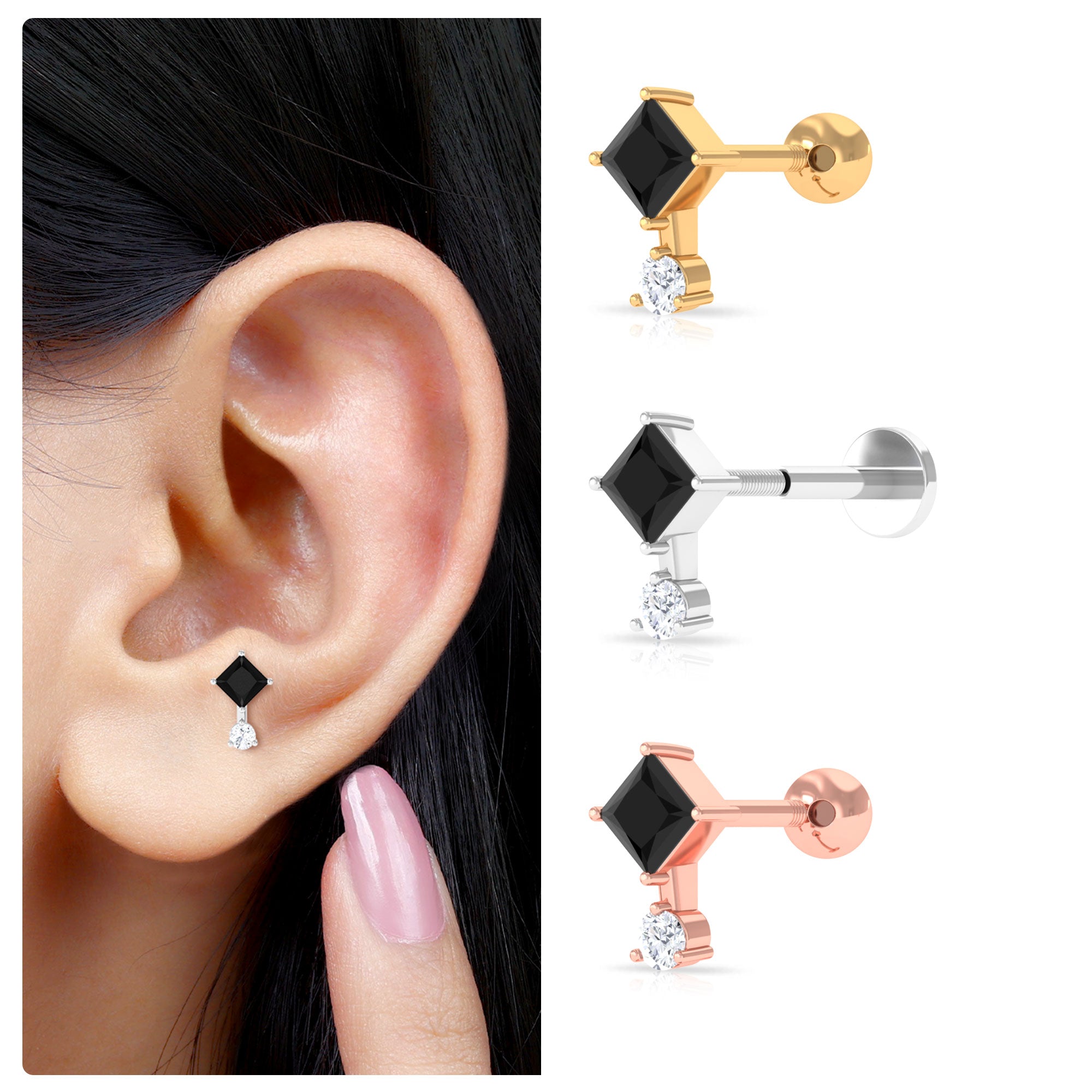 Rosec Jewels-Princess Cut Black Onyx Two Stone Tragus Earring with Diamond