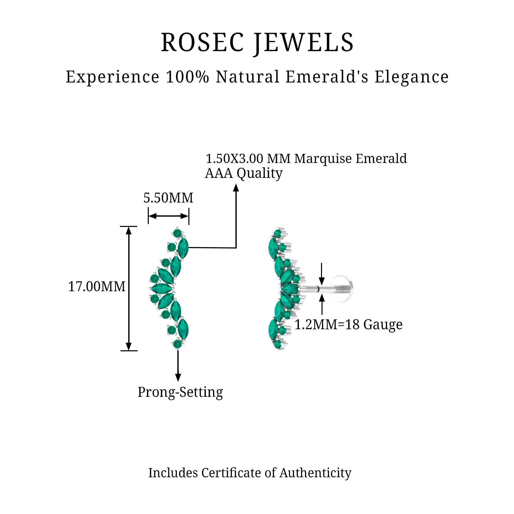 Rosec Jewels-Unique Marquise Emerald Crawler Cartilage Earring in Gold