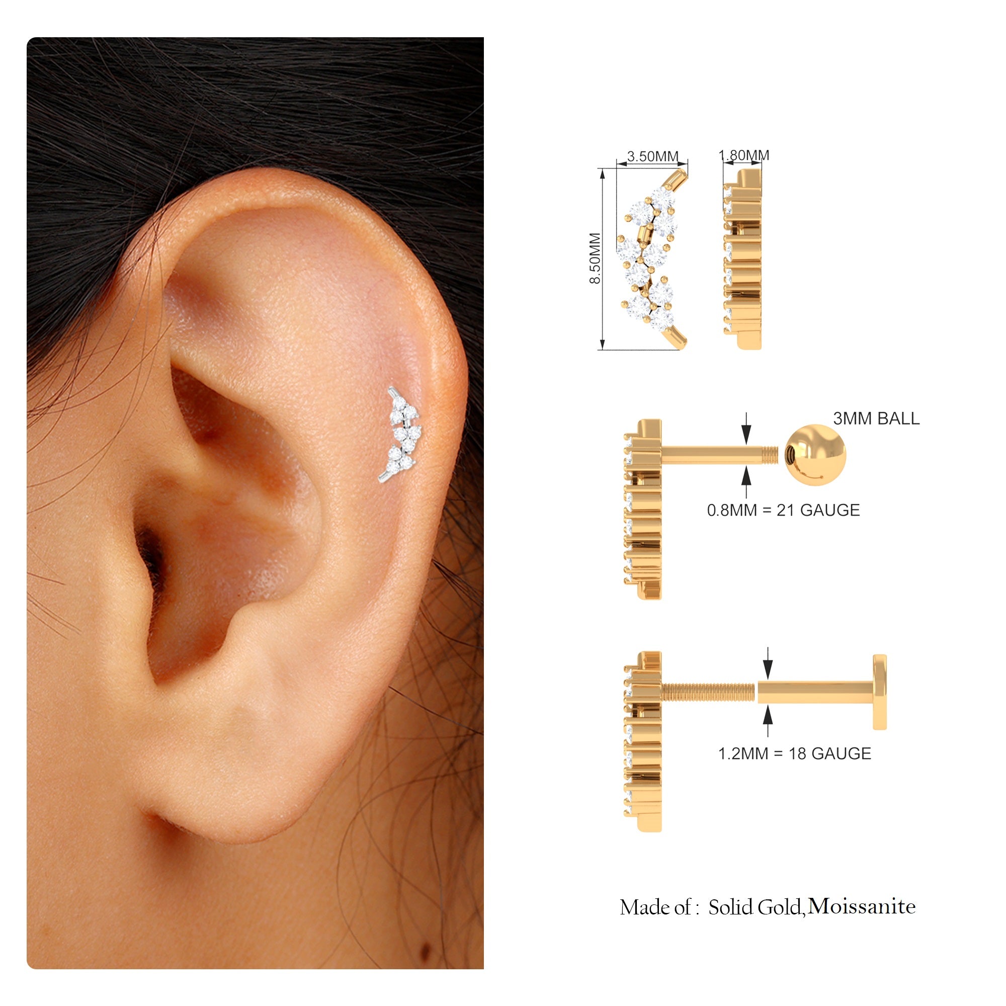 Rosec Jewels-Cluster Moissanite Curved Helix Earring in Gold