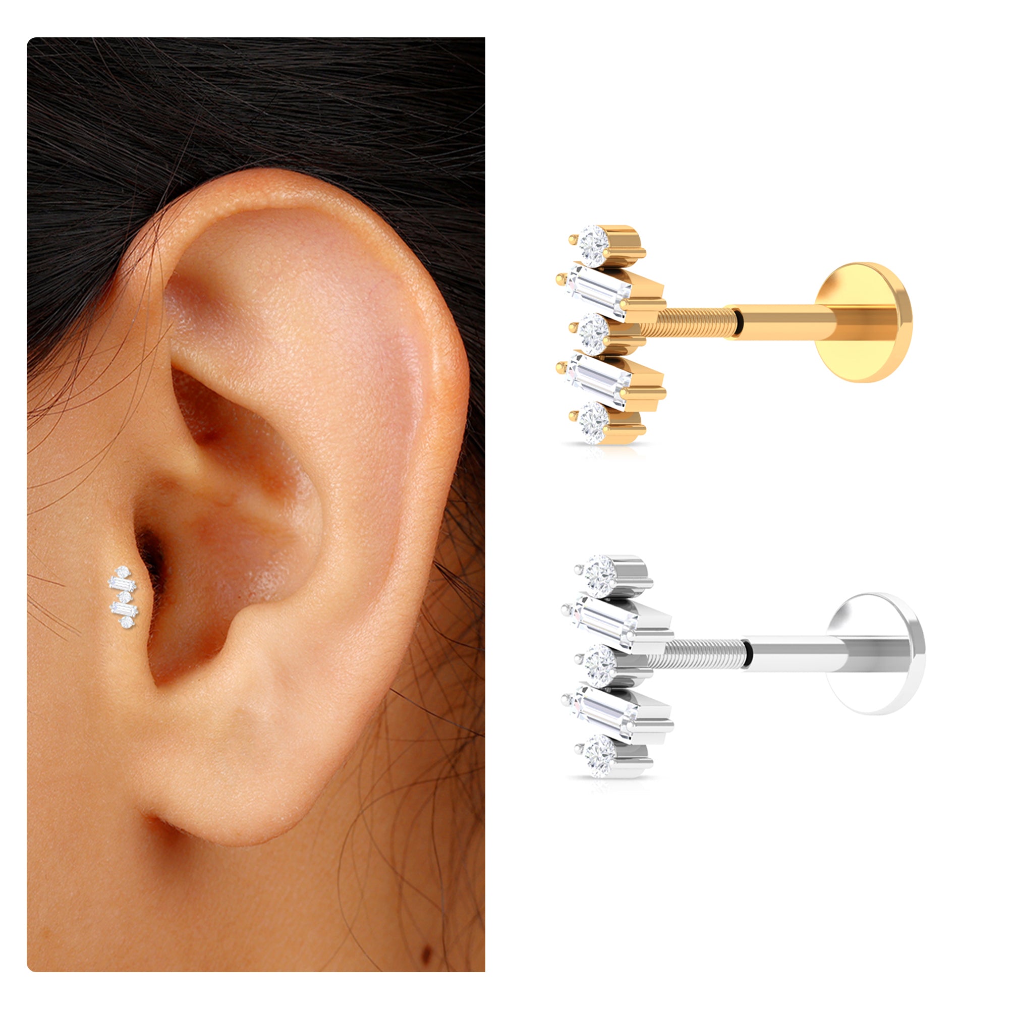 Rosec Jewels-Round Baguette Moissanite Tragus Earring in Gold