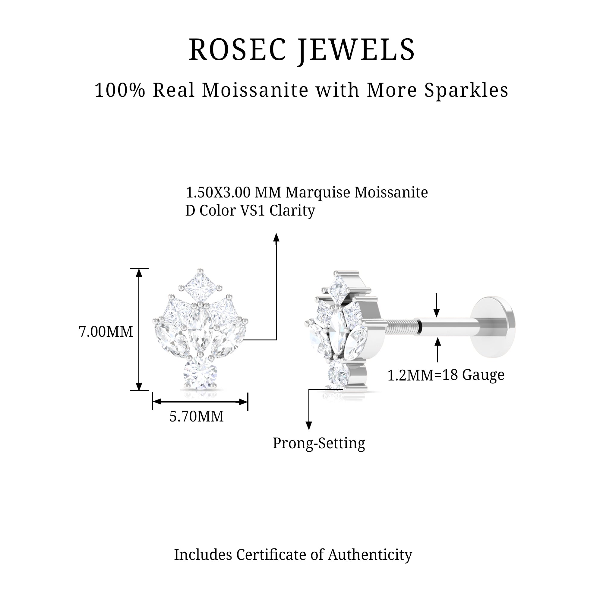 Rosec Jewels-Moissanite Cluster Earring for Upper Lobe Piercing