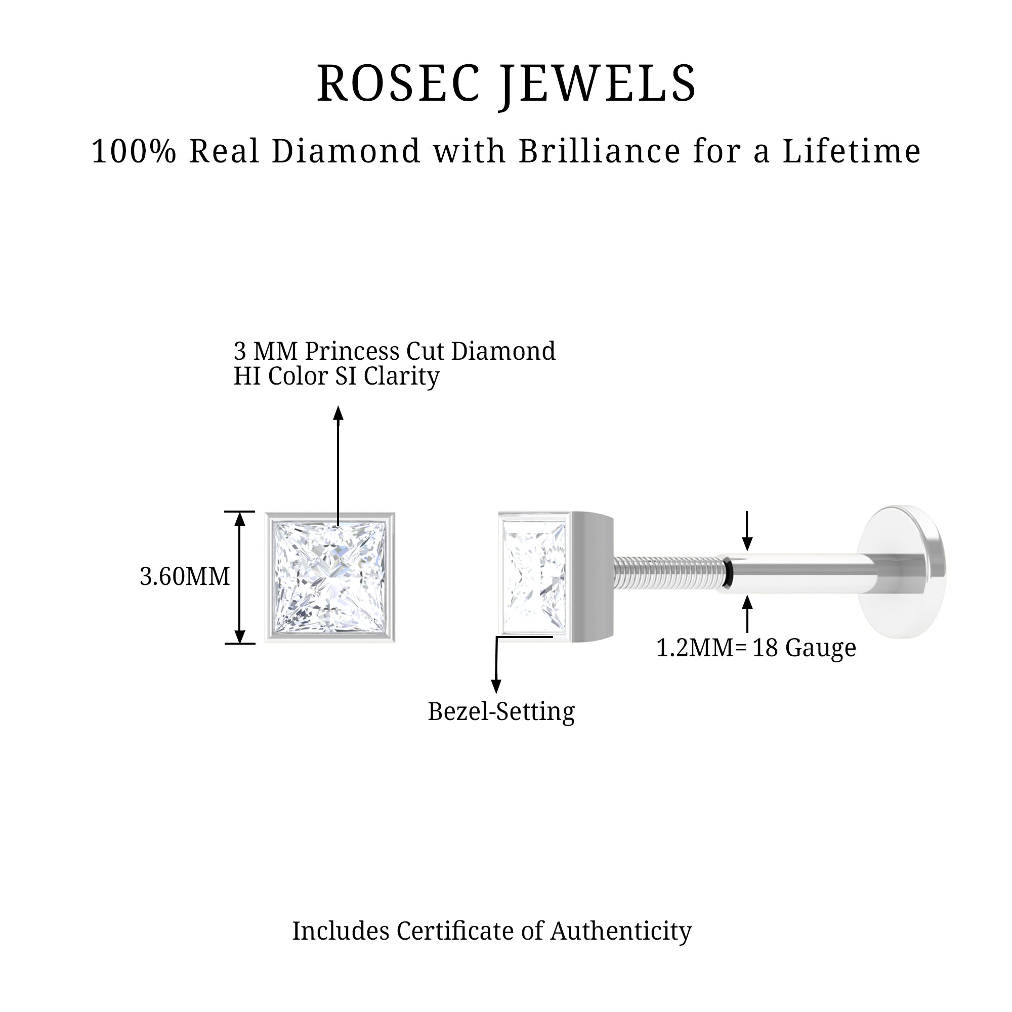 Rosec Jewels-Princess Cut Diamond Cartilage Earring in Bezel Setting