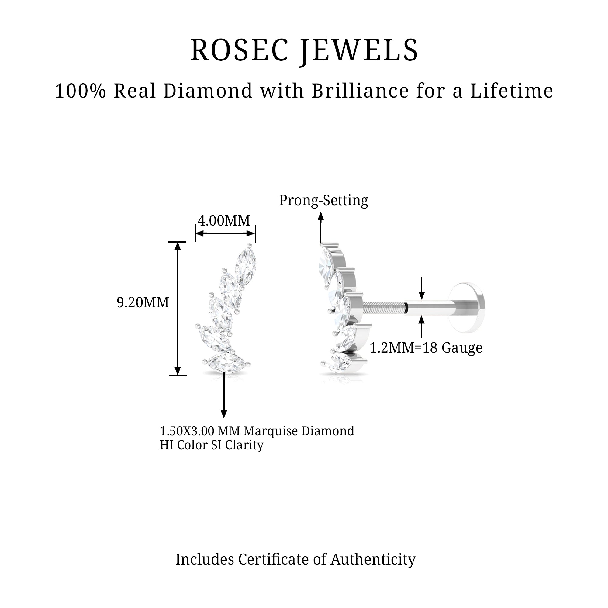 Rosec Jewels-Marquise Diamond Crawler Earring for Helix Piercing