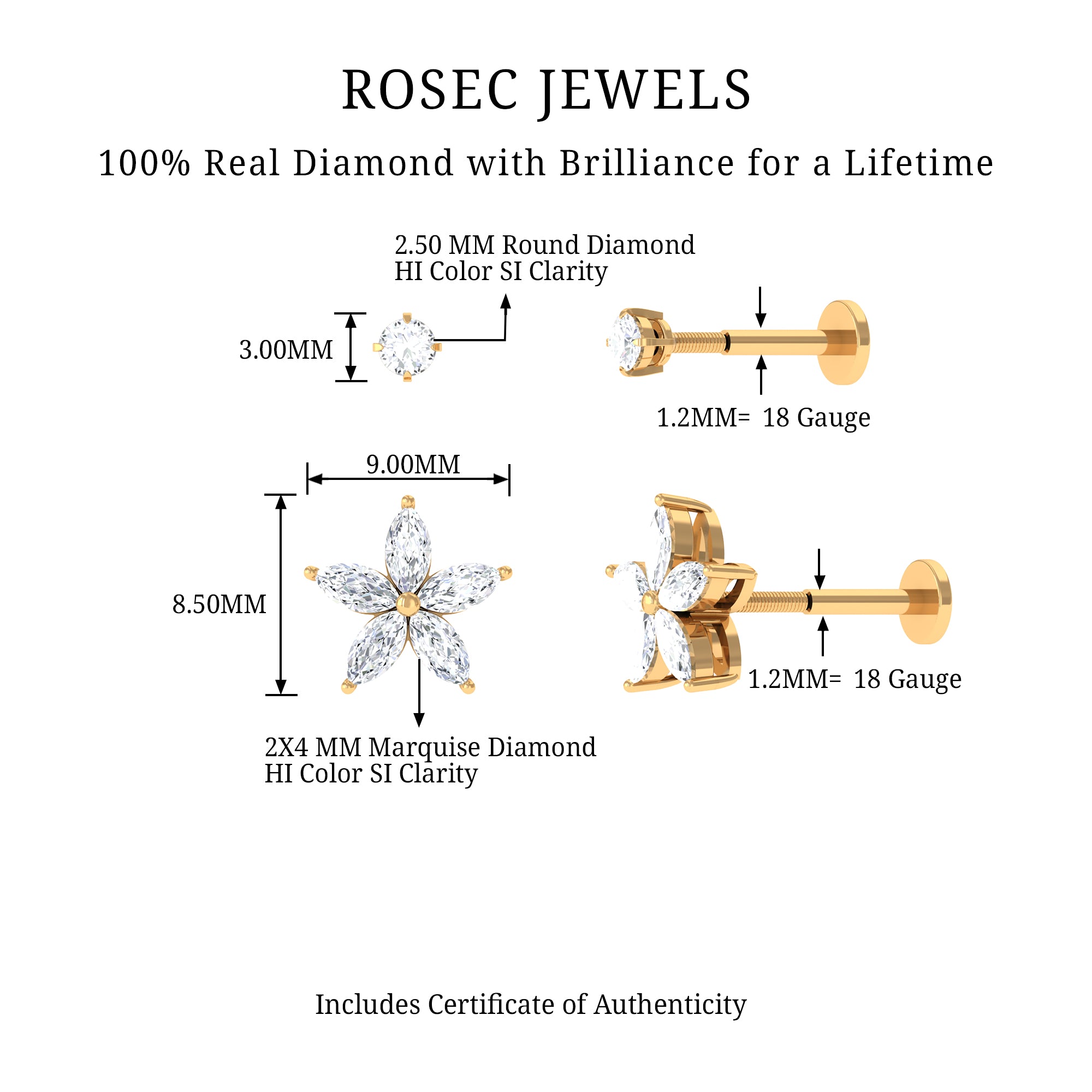 Rosec Jewels-Marquise Diamond Flower Cartilage Earring Set