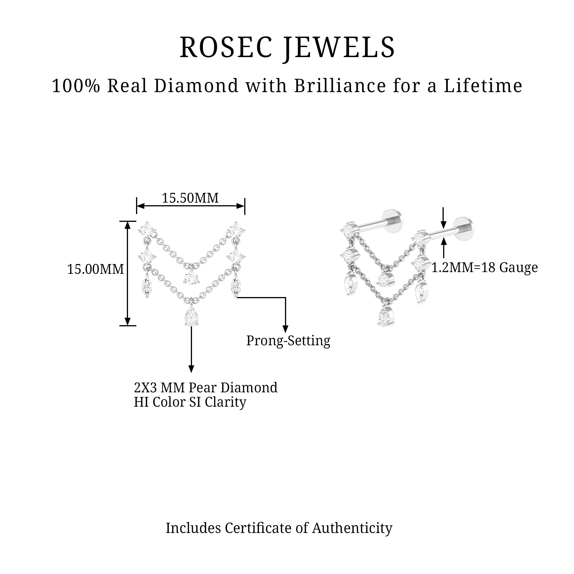 Rosec Jewels-Real Diamond Double Chain Earring for Cartilage Piercing