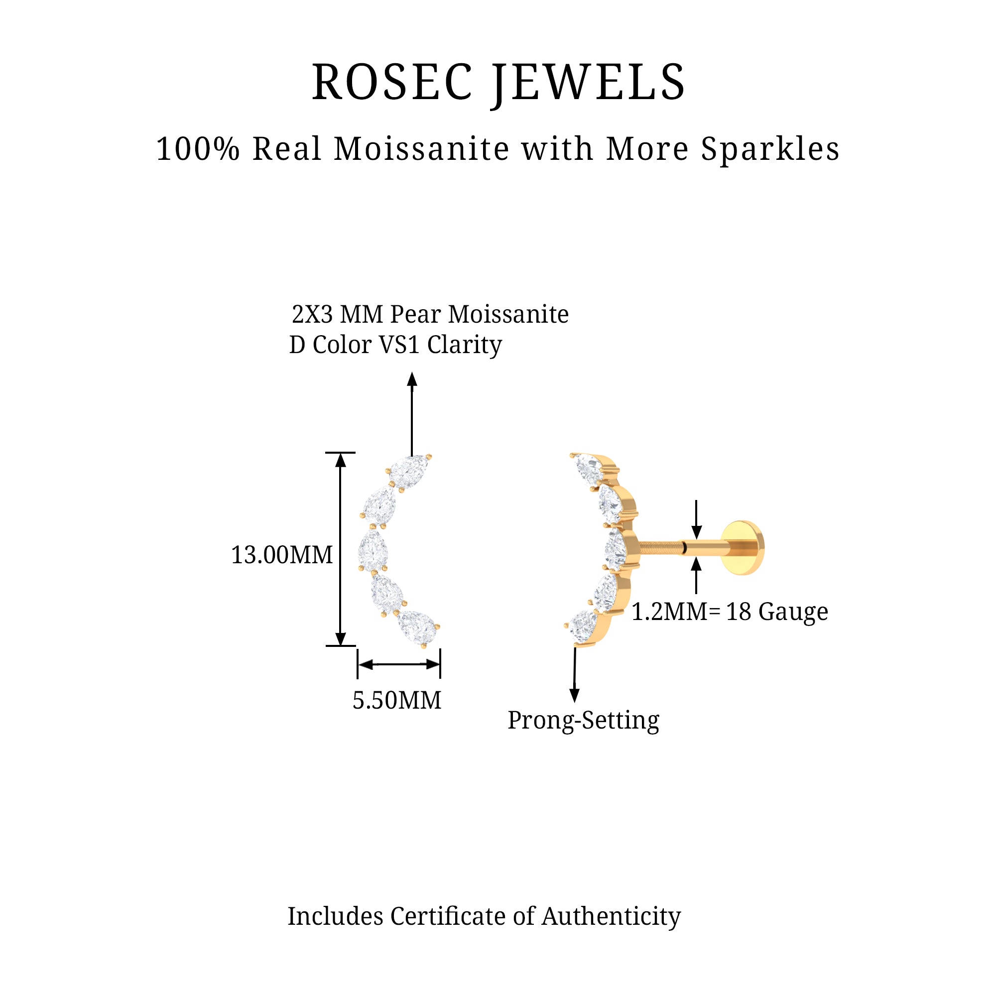 Rosec Jewels-Certified Pear Cut Moissanite Ear Crawler Earring