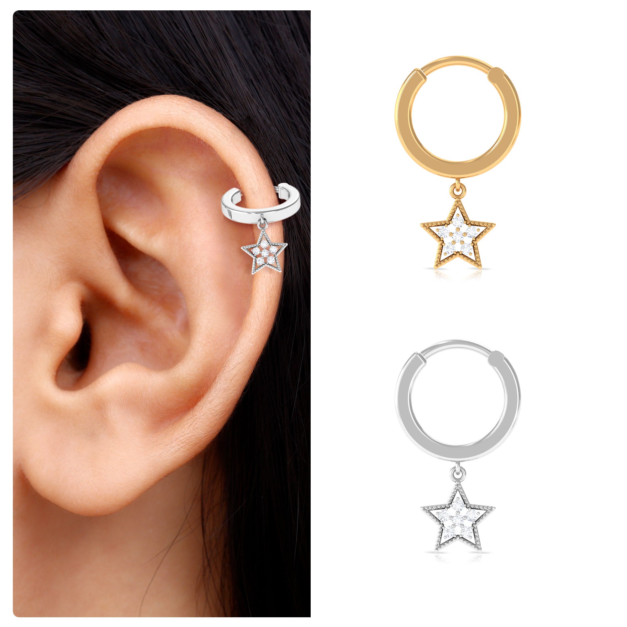 Rosec Jewels-Round Diamond Star Drop Hoop Earring for Helix Piercing