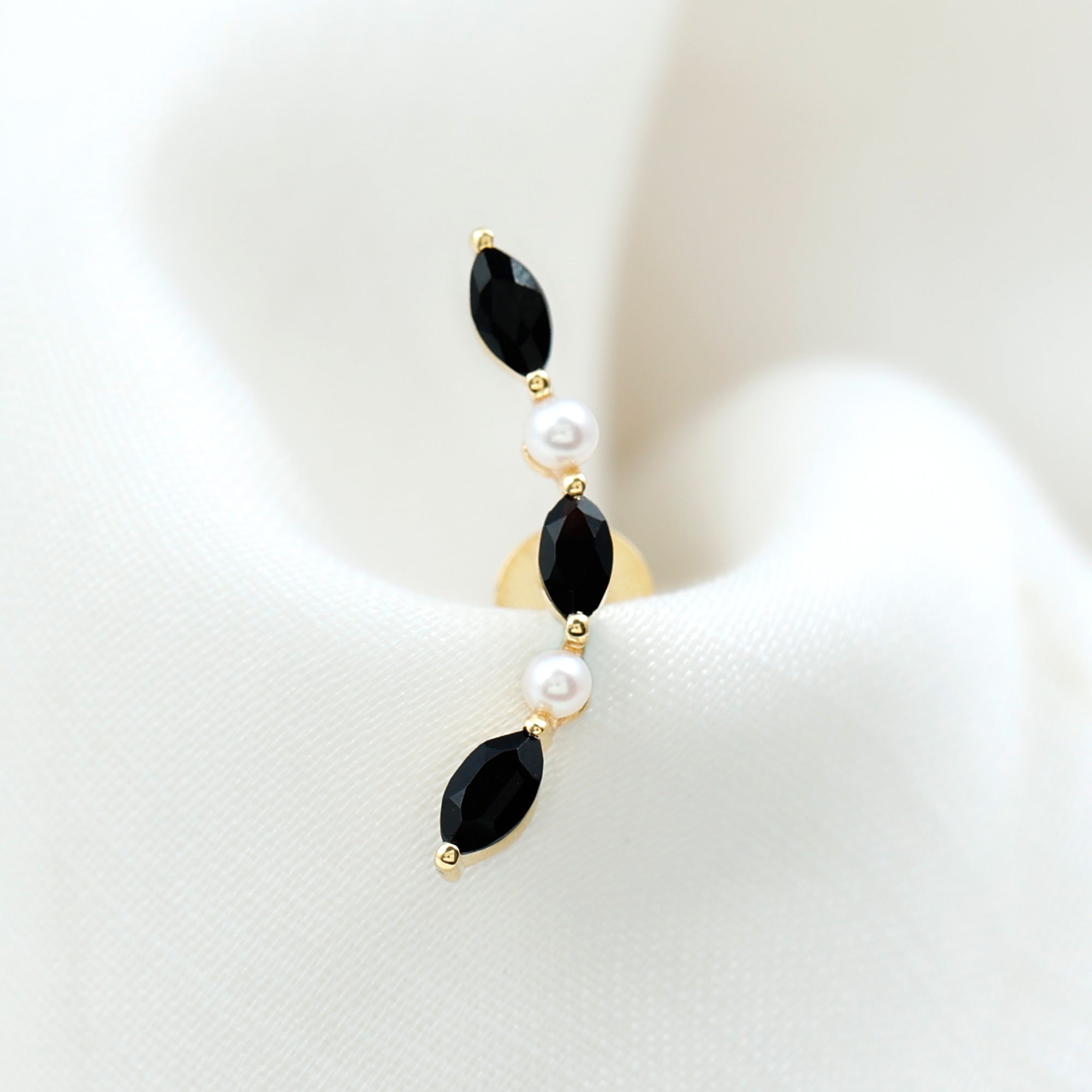 Rosec Jewels-Black Onyx and Freshwater Pearl Ear Crawler Earring for Helix Piercing