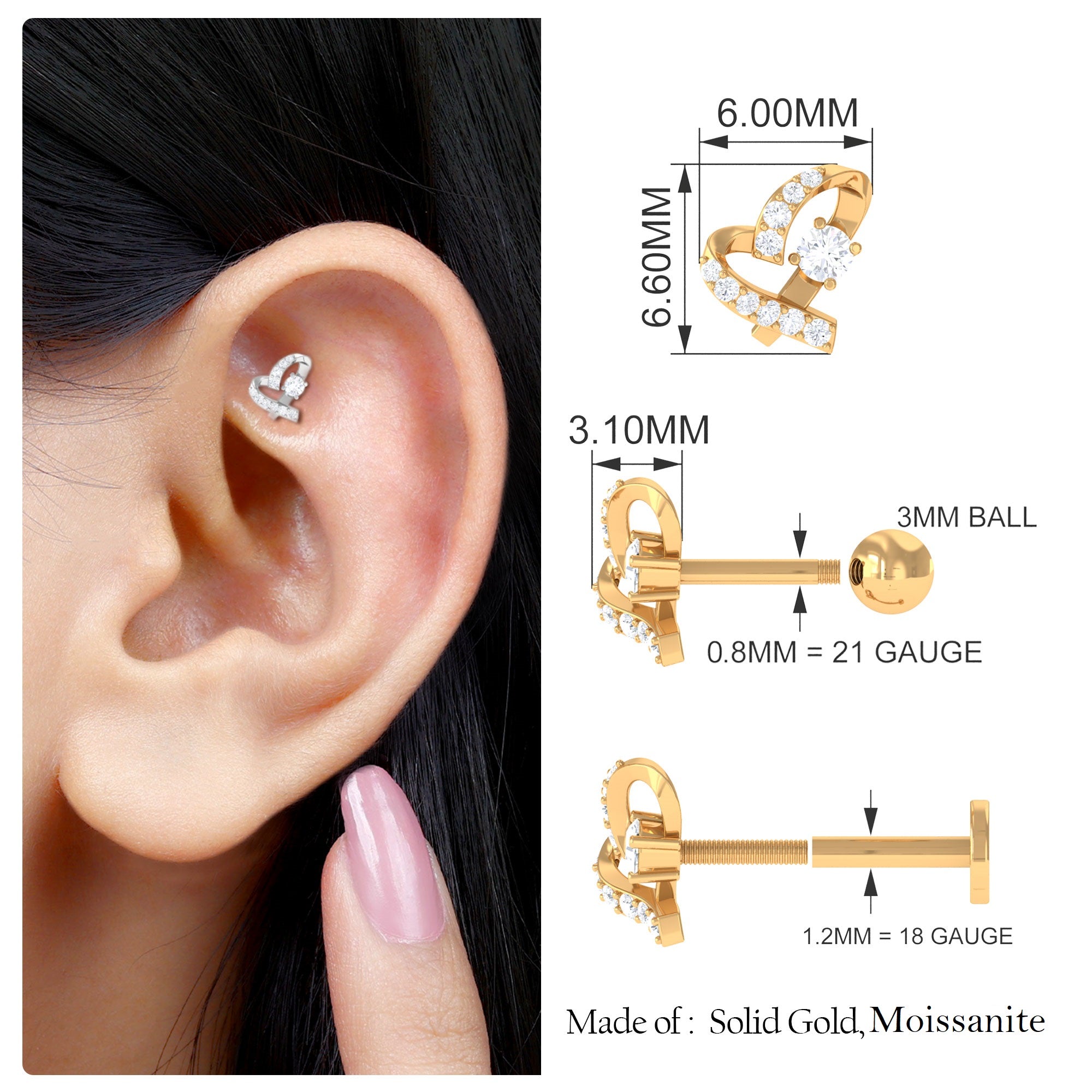 Rosec Jewels-Unique Moissanite Heart Helix Earring in Gold