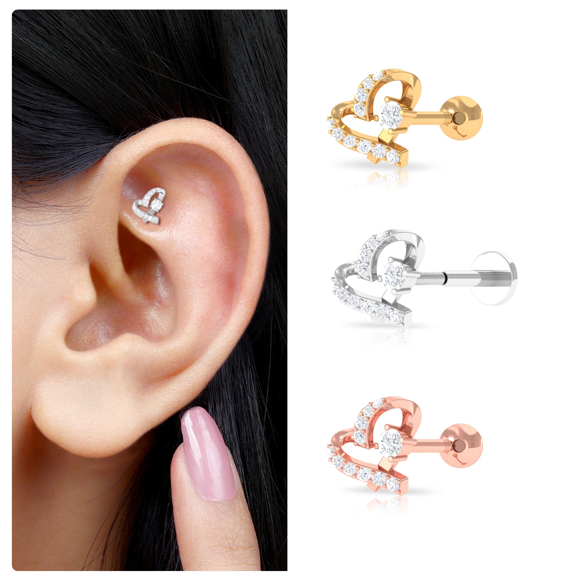 Rosec Jewels-Unique Moissanite Heart Helix Earring in Gold