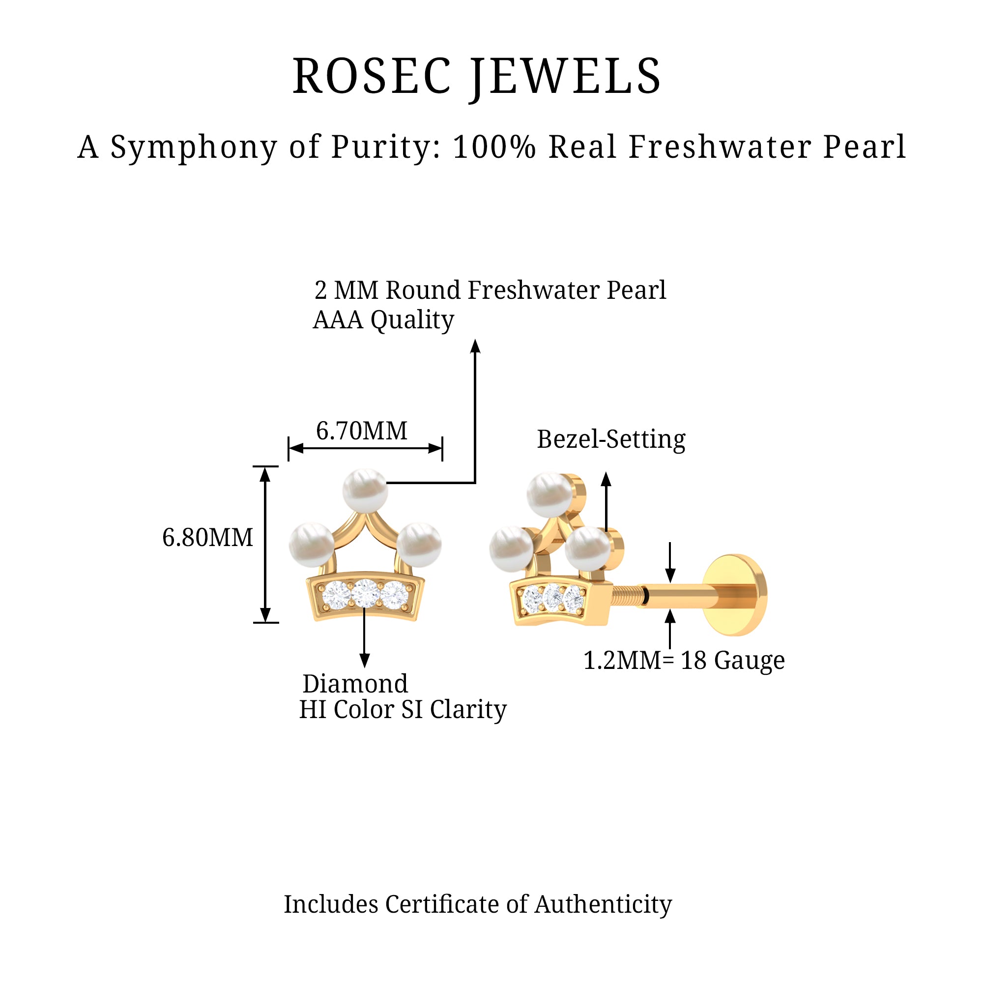 Rosec Jewels-Freshwater Pearl and Diamond Crown Cartilage Earring