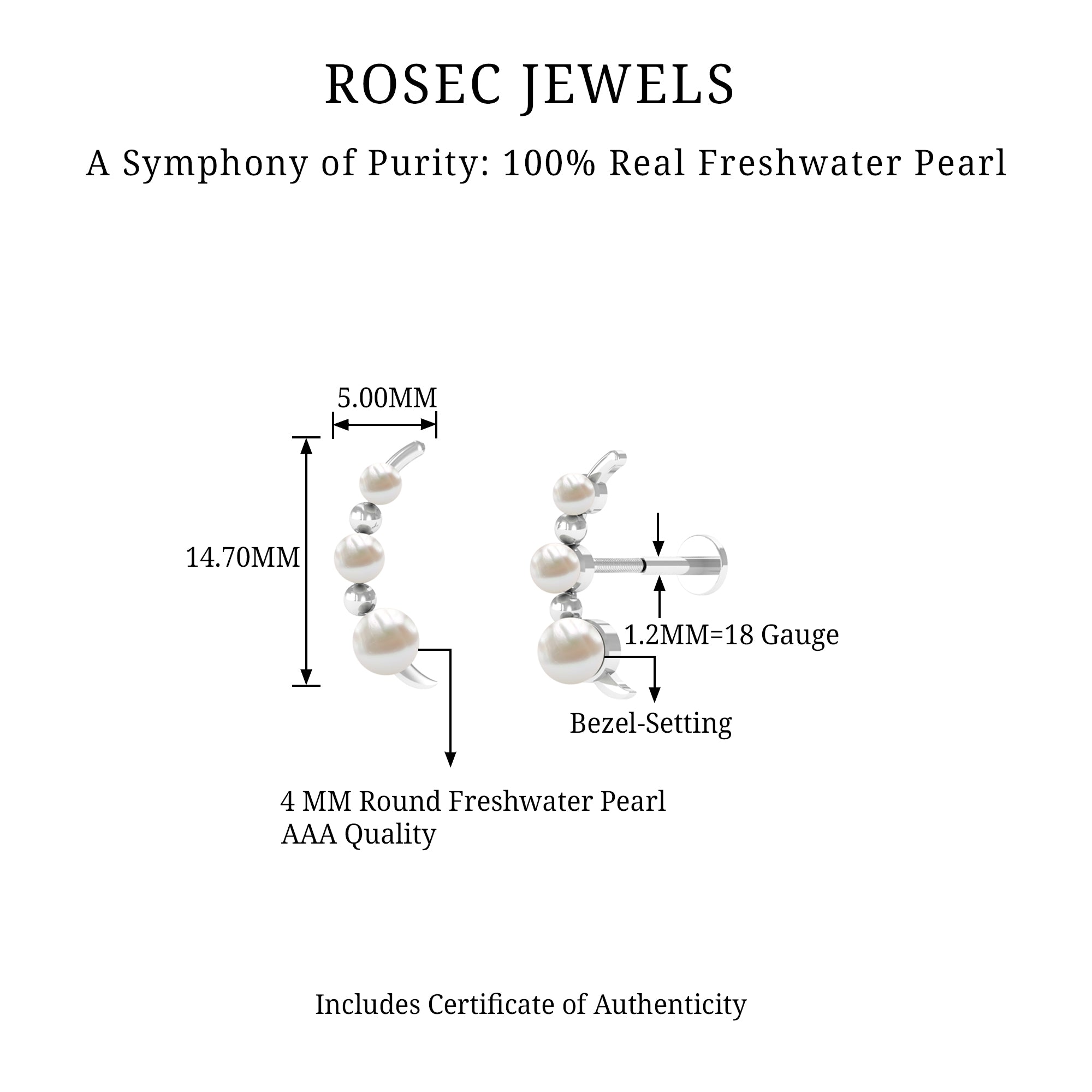 Rosec Jewels-Round Freshwater Pearl Gold Beaded Ear Crawler Earring