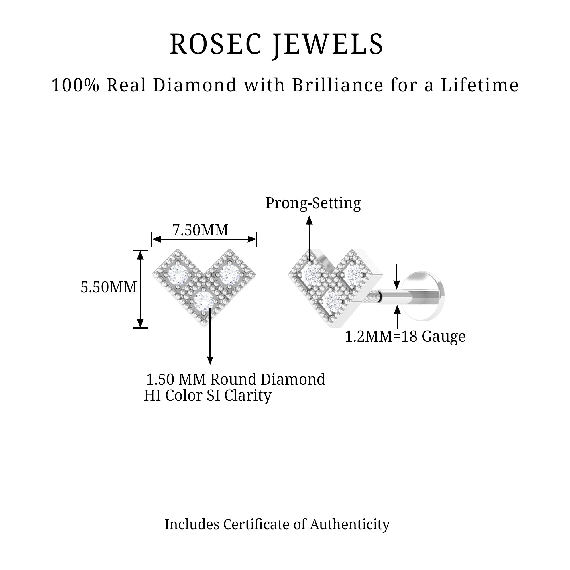 Rosec Jewels-Round Diamond Gold Beaded V Shape Earring