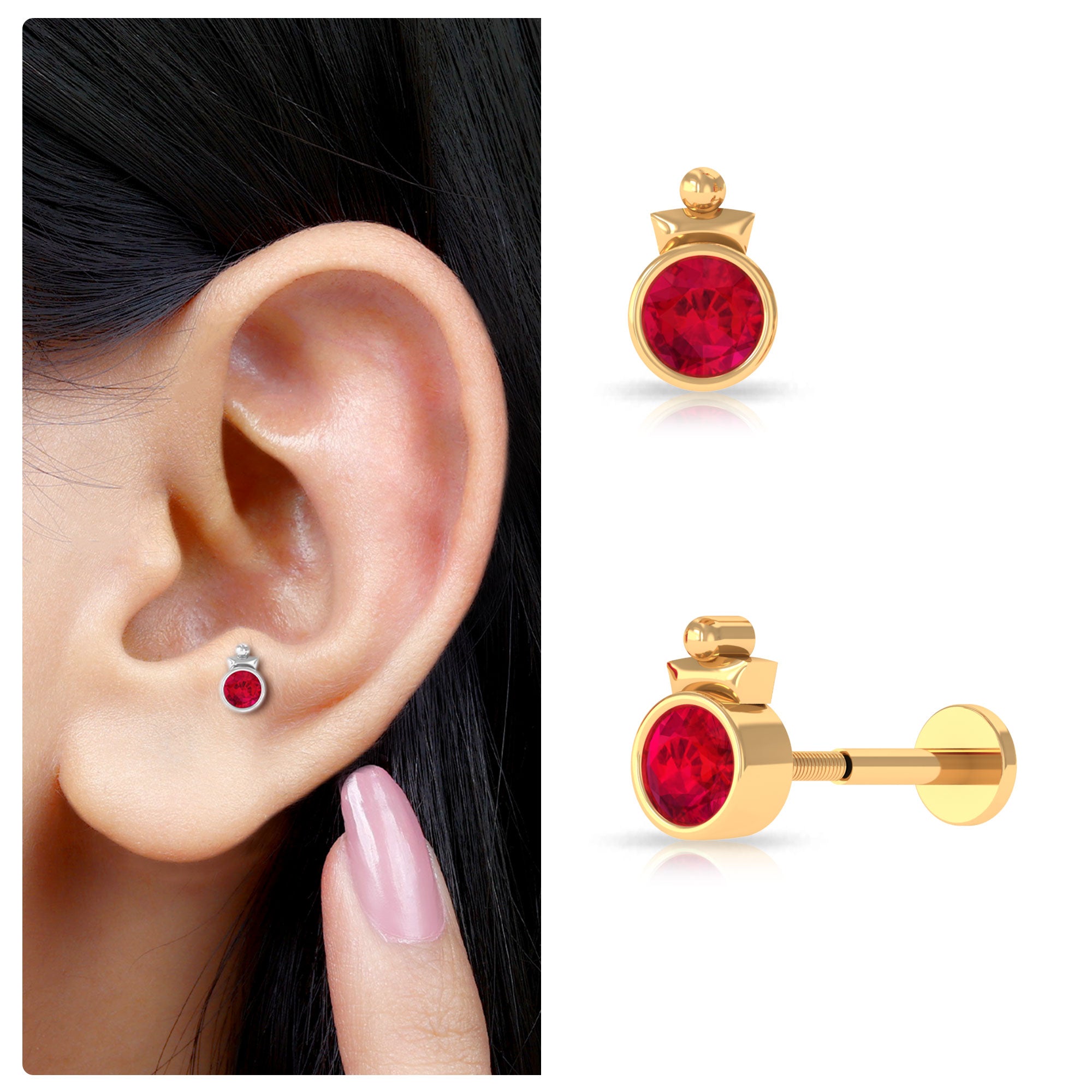 Rosec Jewels-Simple Bezel Set Red Ruby Solitaire Tragus Earring