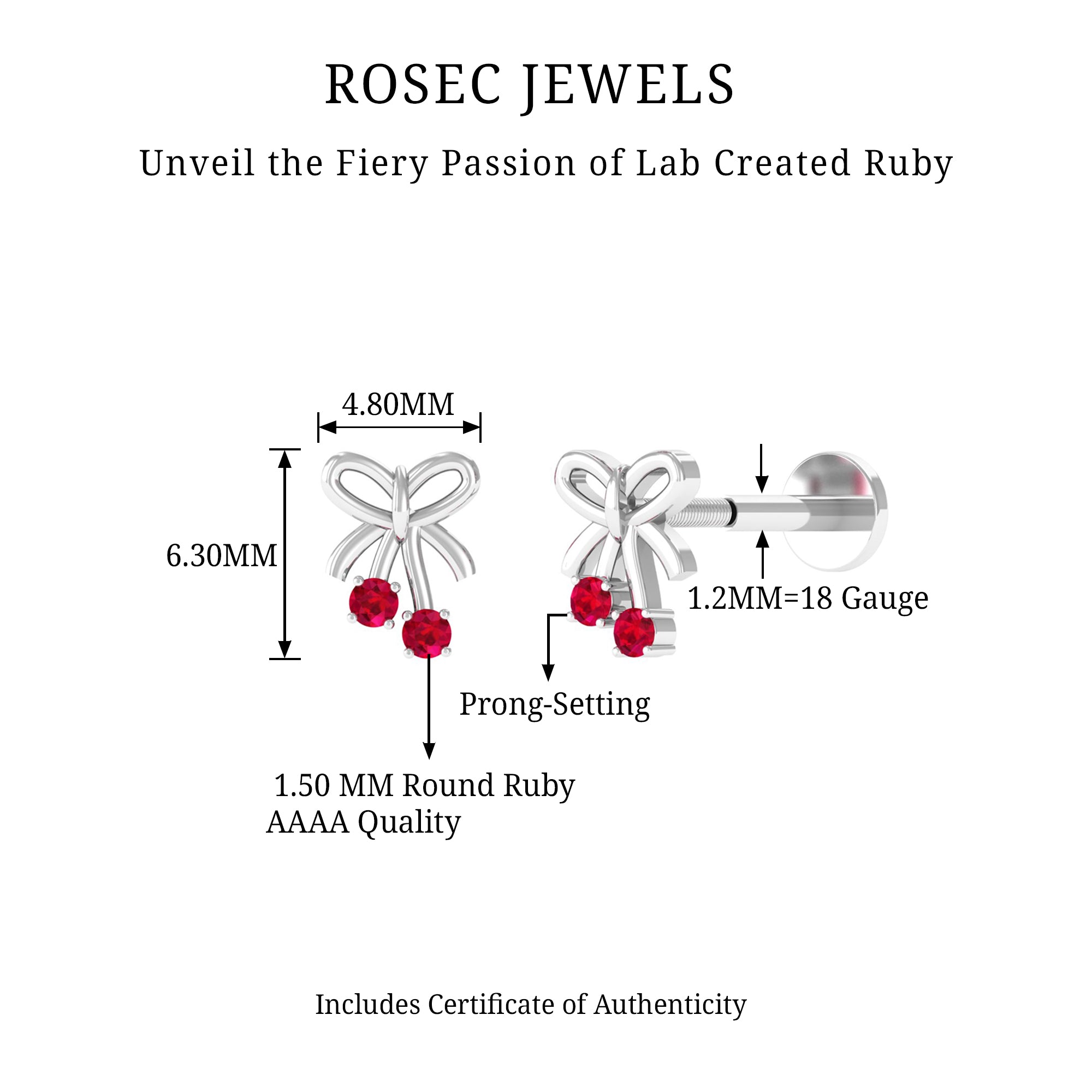 Rosec Jewels-Round Created Ruby Gold Bow Cartilage Earring