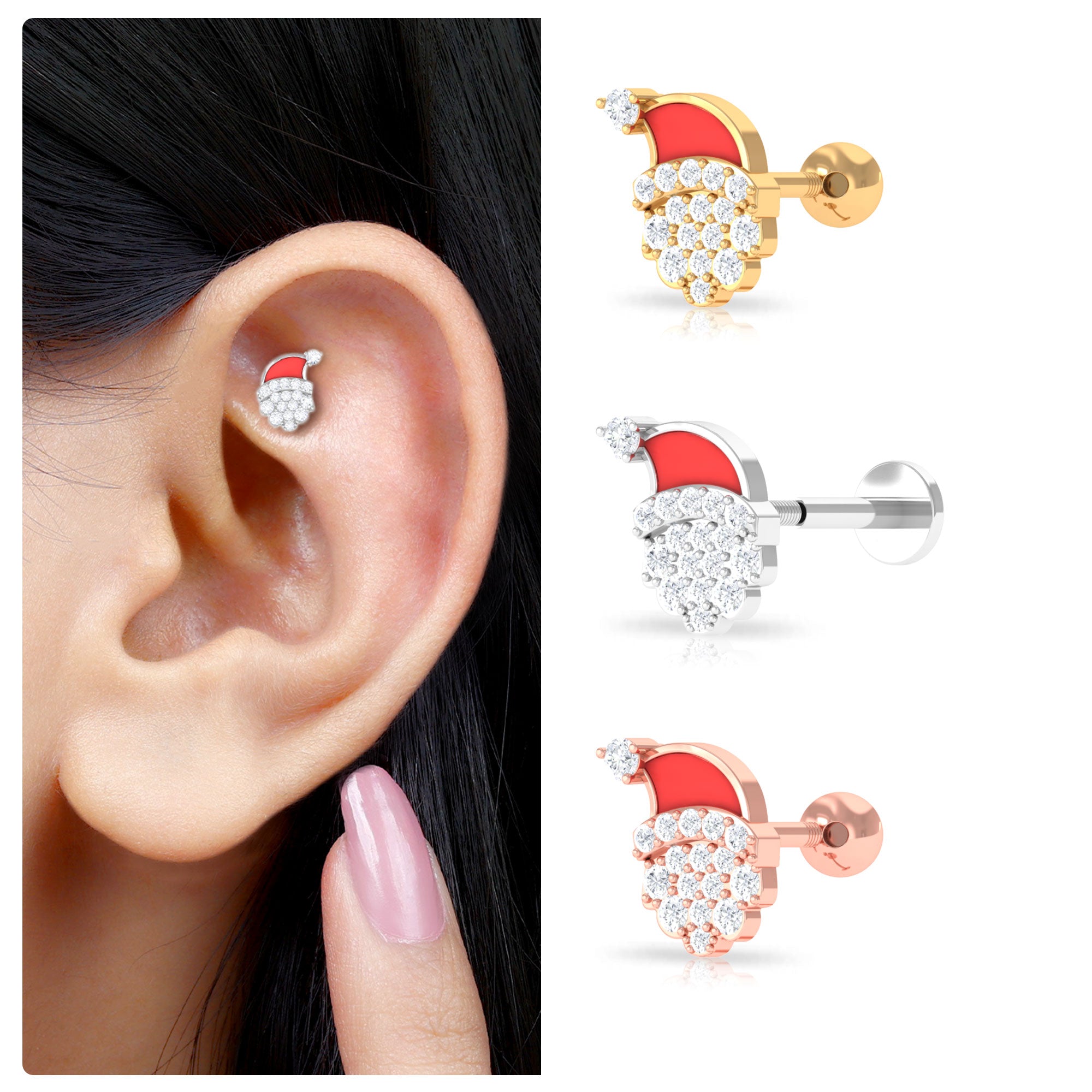 Rosec Jewels-Certified Moissanite Xmas Santa Helix Earring with Red Enamel