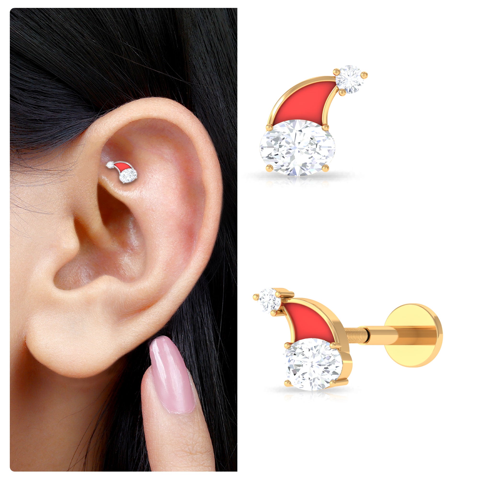 Rosec Jewels-Oval Moissanite Red Enamel Santa Hat Cartilage Earring