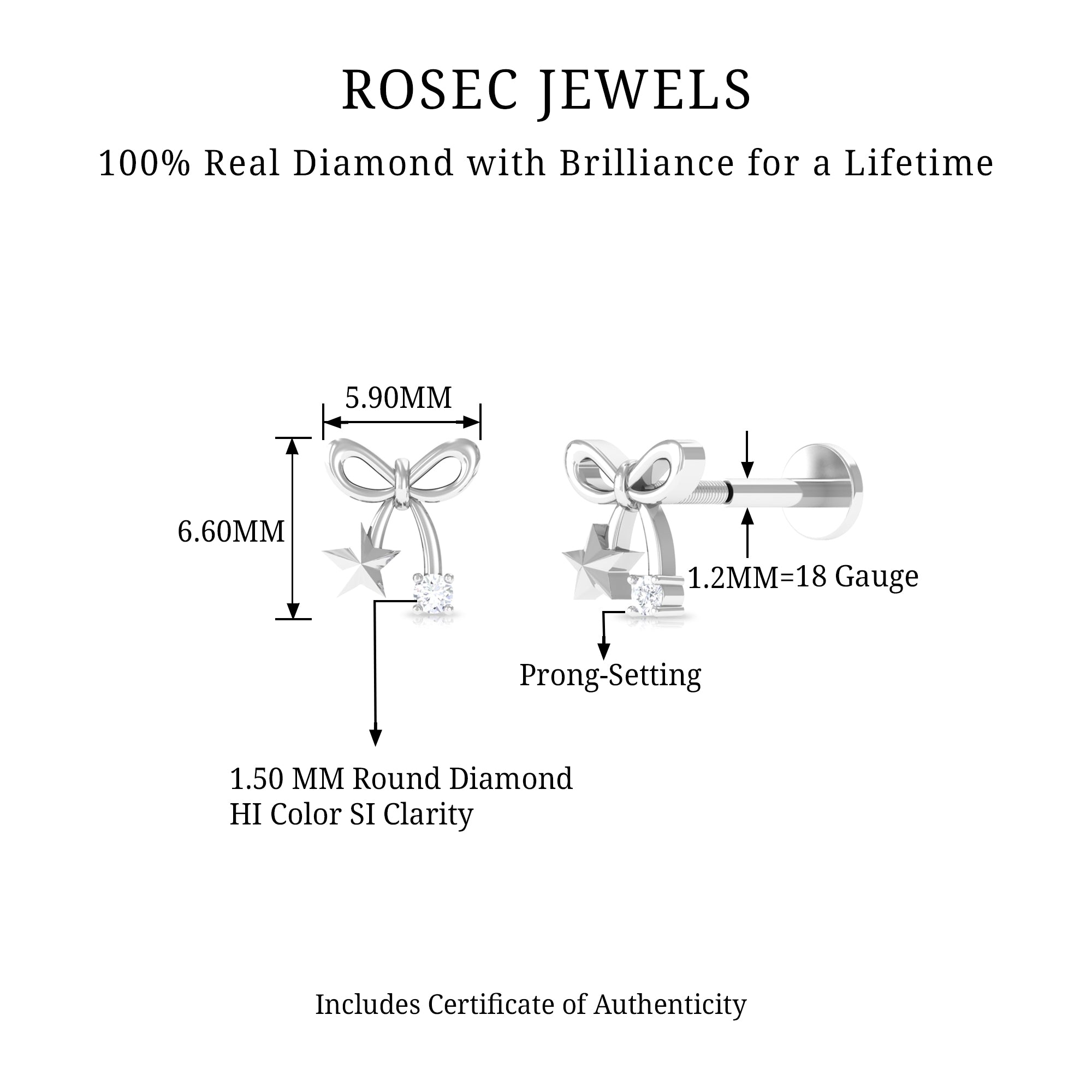 Rosec Jewels-Natural Diamond Bow Cartilage Earring with Star